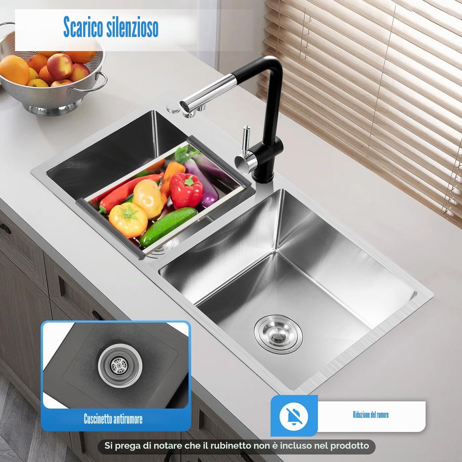 Lavello da incasso, lavello da cucina in acciaio inox, doppio lavello con scarico, lavello doppio, lavello da cucina con 2 vasche, complanare, 78x43x21cm
