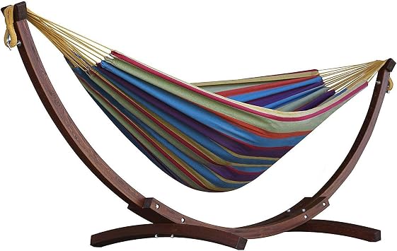 Vivere Double Cotton Hammock with Space-Saving Solid Pine Arc Stand, Tropical