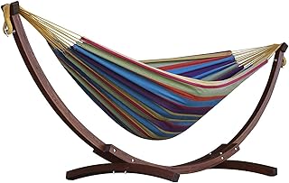 Vivere Double Cotton Hammock with Solid Pine Arc Stand - 450 lb Capacity, Durable FSC Wood Frame, Comfortable 87 Bed, Includes Hardware & User Guide (Tropical)