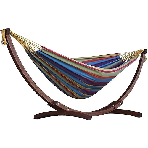 Vivere Double Cotton Hammock with Solid Pine Arc Stand - 450 lb Capacity, Durable FSC Wood Frame, Comfortable 87 Bed, Includes Hardware & User Guide (Tropical)