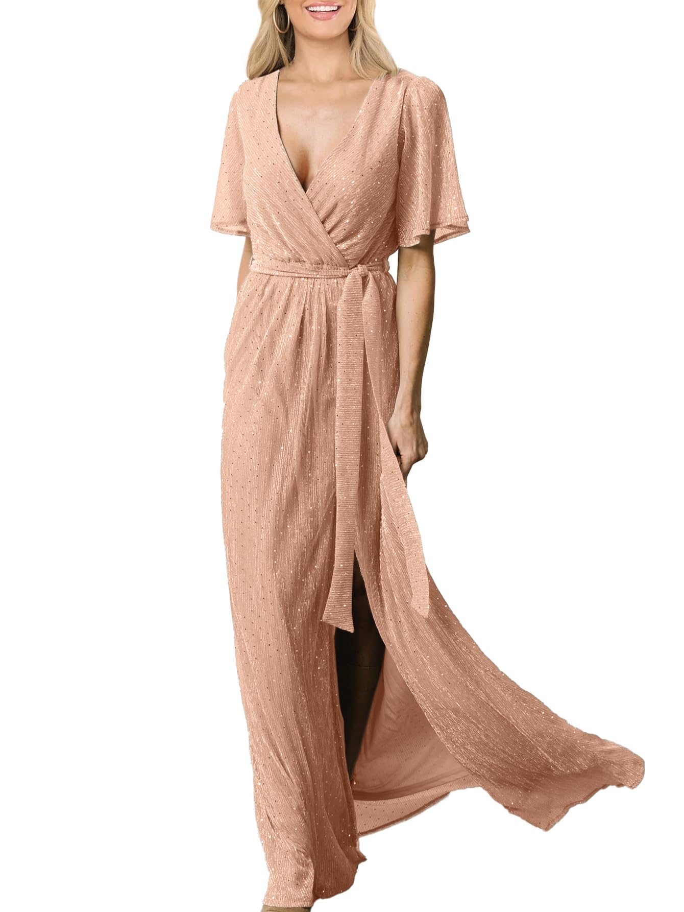 Photo 1 of Simplee Women's Fall Wedding Guest Maxi Dress Boho Flowy V Neck Short Sleeve Semi Formal Sparkly Bridesmaid Dress Medium Champagne