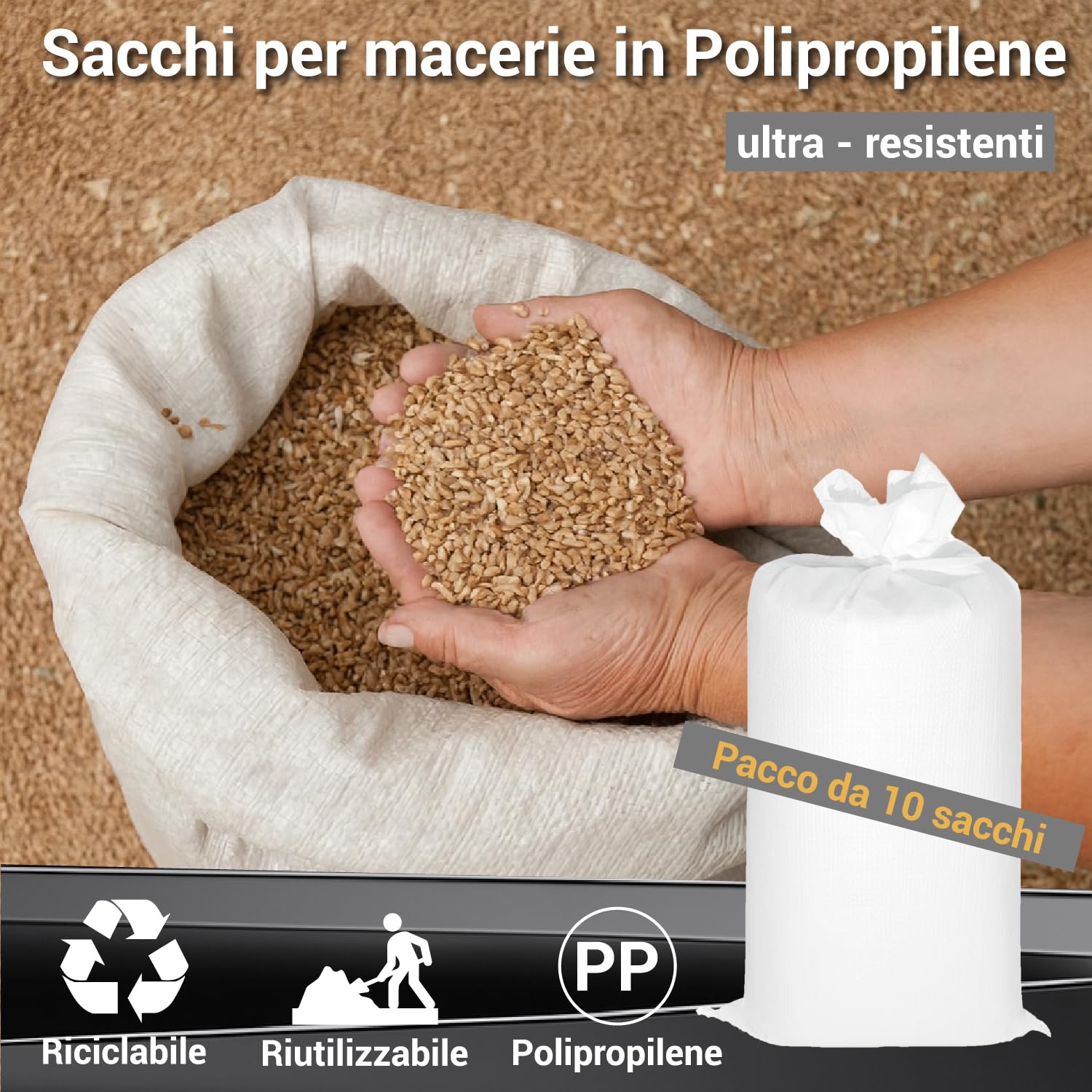 Crisalide Bolsas para escombros de polipropileno – Ultra resistentes, reutilizables, paquete de 10 bolsas + 10 bridas – Disponibles en varios tamaños (10/20/50/100 kg) (100 kg)