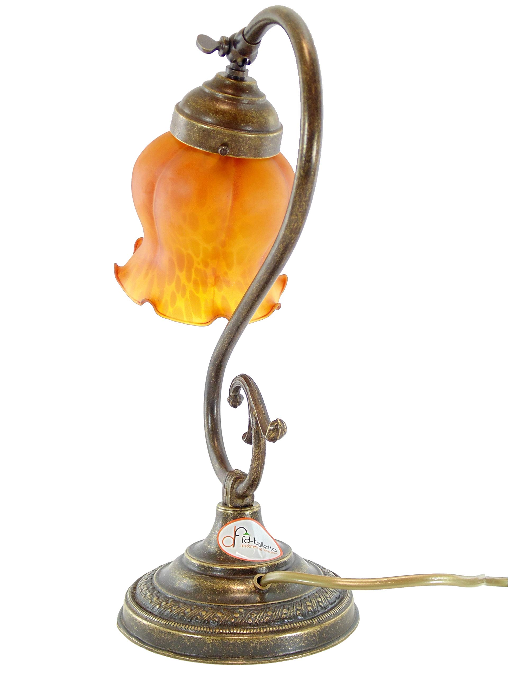 Lampada ottone da comodino,tavolo,scrivania,illuminazione per interni con paralume vetro giallo s31 Misure: H 32cm, Ø paralume 11cm, Ø base 13cm