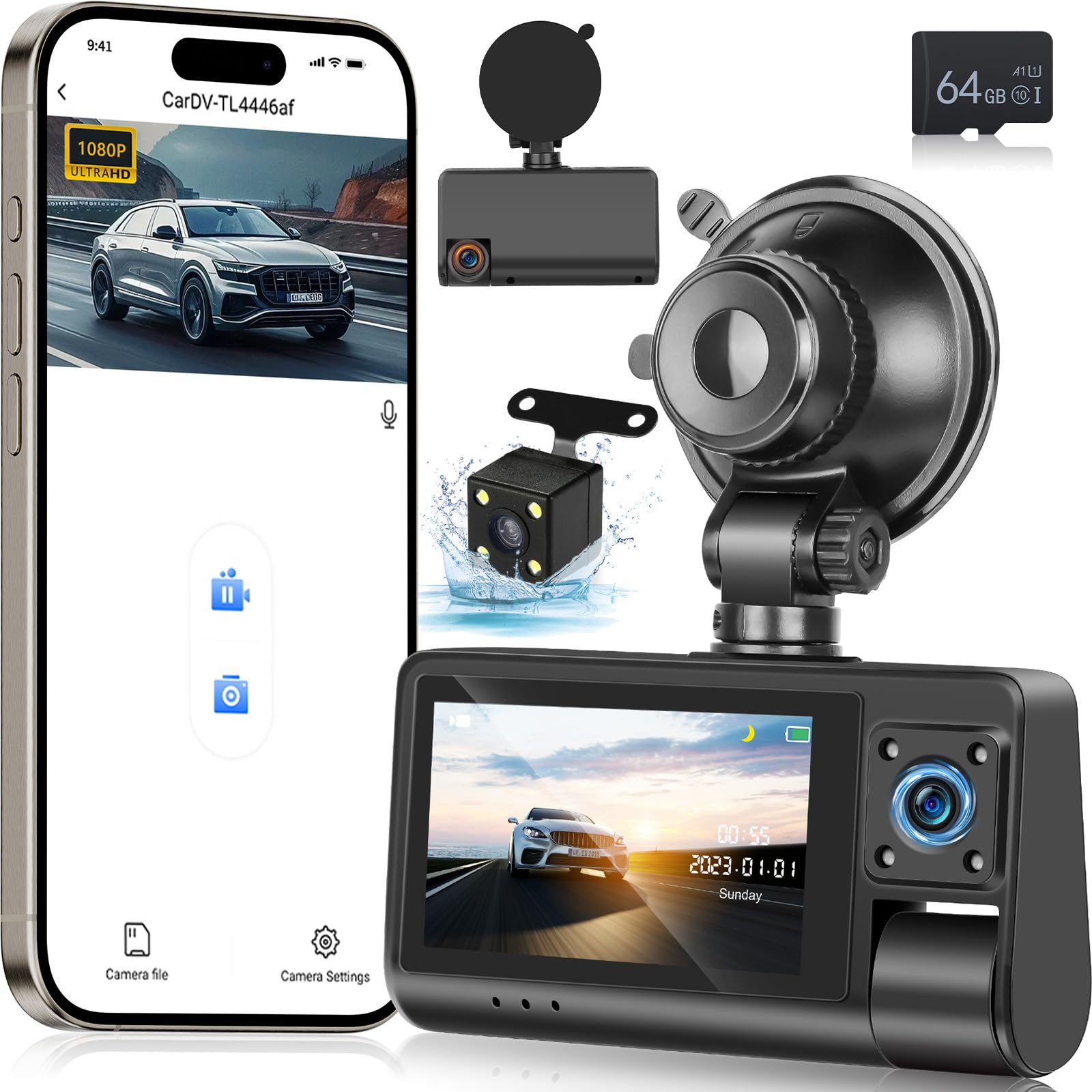 NHOPEEW Cámara para salpicadero Delantero y Trasero 1080P - Cámara para salpicadero con WiFi y Control Mediante aplicación Sensor G/Grabación en Bucle/Visión Nocturna + Tarjeta SD de 64 GB