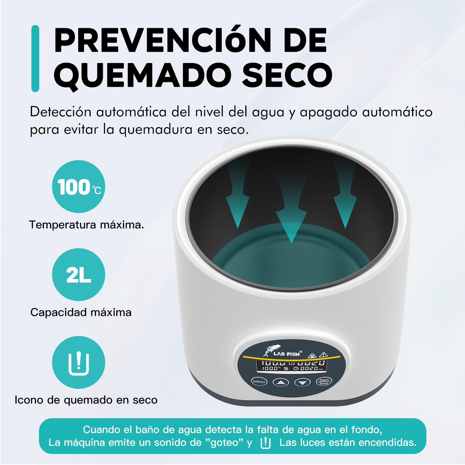 LAB FISH Baño María Laboratorio 2L, Calentamiento Preciso 100°C, Tanque de Acero Inox con Temporizador & Doble Protección Sequedad, Tapa Transparente