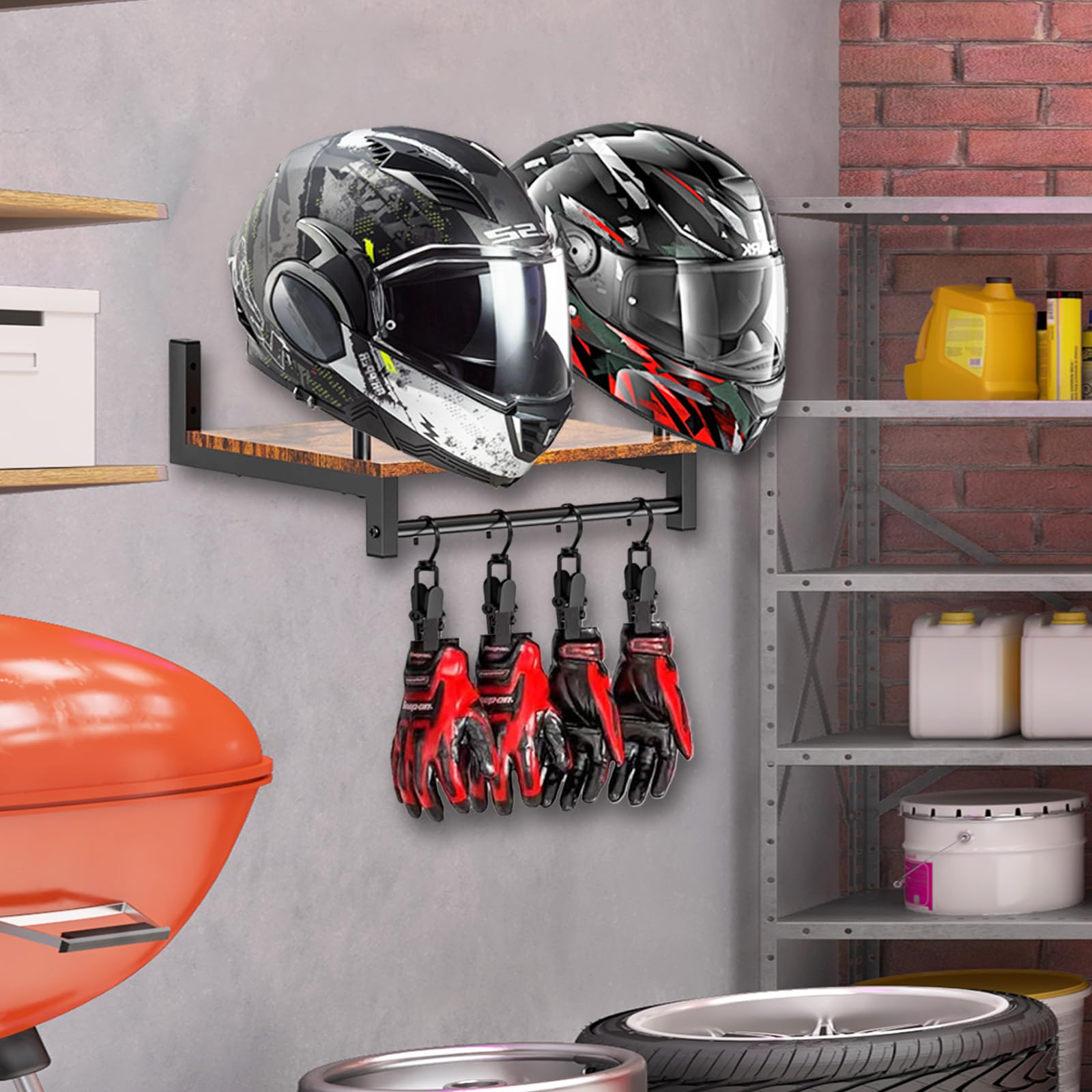 Porta Casco Moto da Parete, Appendi Casco Moto da Parete Supporto per Casco da Baseball per 2 Caschi Porta Cappello Espositore Porta Casco con 4 Clip per Appendere Guanti per Abbigliamento Moto
