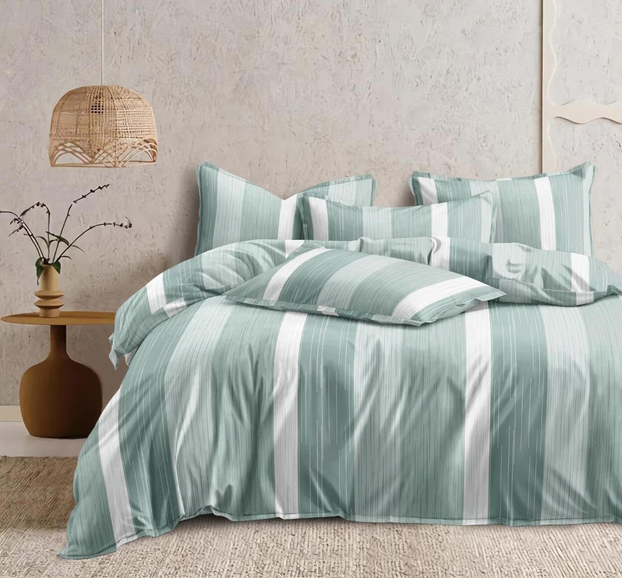 DECOR2ADMIRE 300TC Glace Cotton Printed Super King Size Double Bedsheet with Two Pillow Covers, 108 x 108 Inches or 9 Feet x 9 Feet (Green Striped)