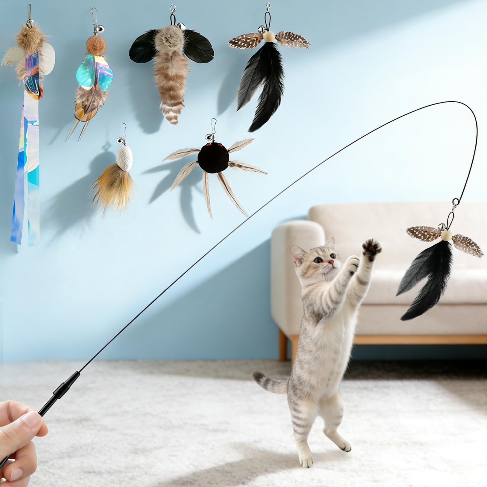 VavoPaw 6-in-1 Cat Wand Toy with Feather, 33.5 Inches for Indoor Cats