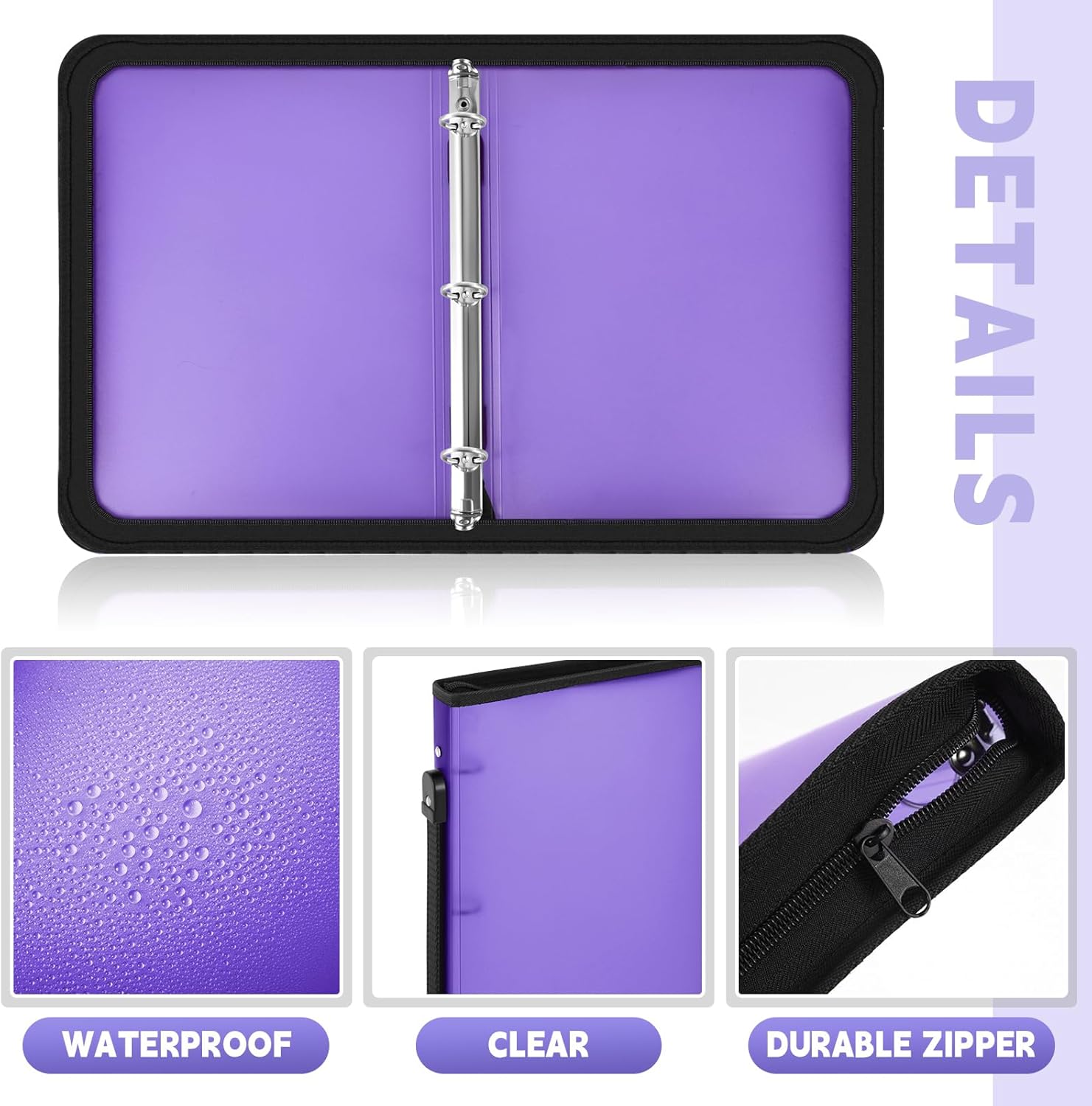 Teling 4 Pcs 1 Inch Purple Zipper Binder with 3 Ring Zipper Binder, Refillable Plastic Clear File Organizer Planner for Projects, Assignments, Memos, School Work, 11.3 x 9.3 Inches