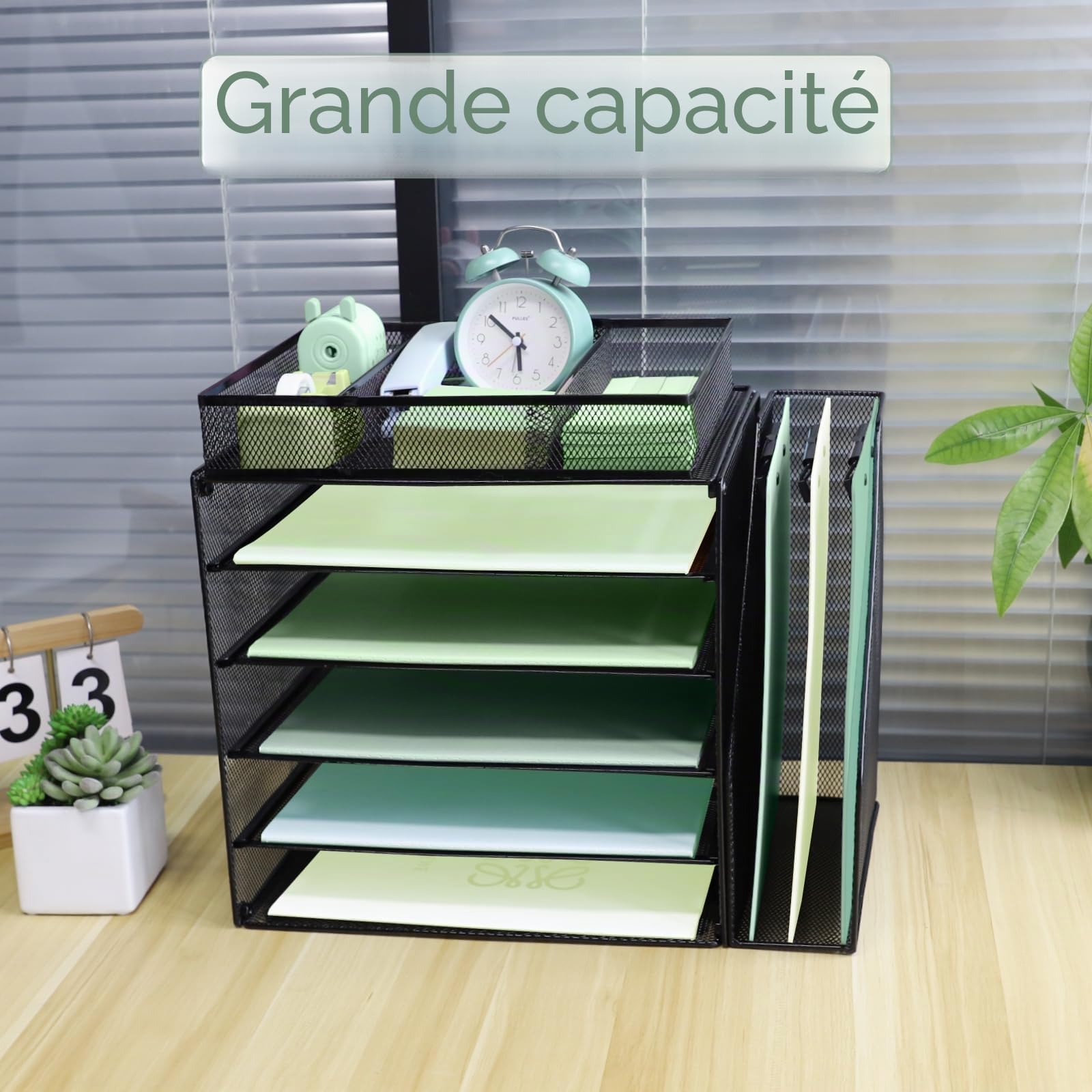 Organiseur de bureau à 5 niveaux avec trieur de fichiers vertical supplémentaire, bac à courrier avec support de tiroir pour papeterie, plateaux de classement de bureau A4, porte-magazines et