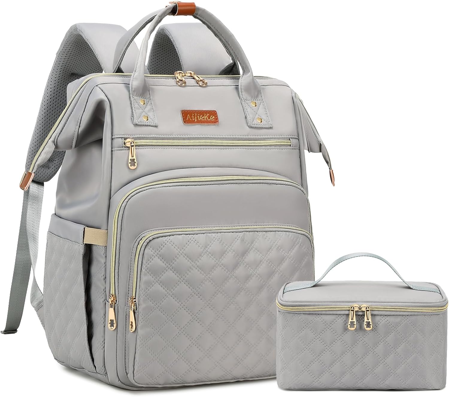 AIJIEKE Lunch Backpack for Women, 15.6 inch Laptop Backpack with Insulated Cooler Lunch Bag Set for Lunch Box Work Backpack for Travel Nurse Teacher, Grey