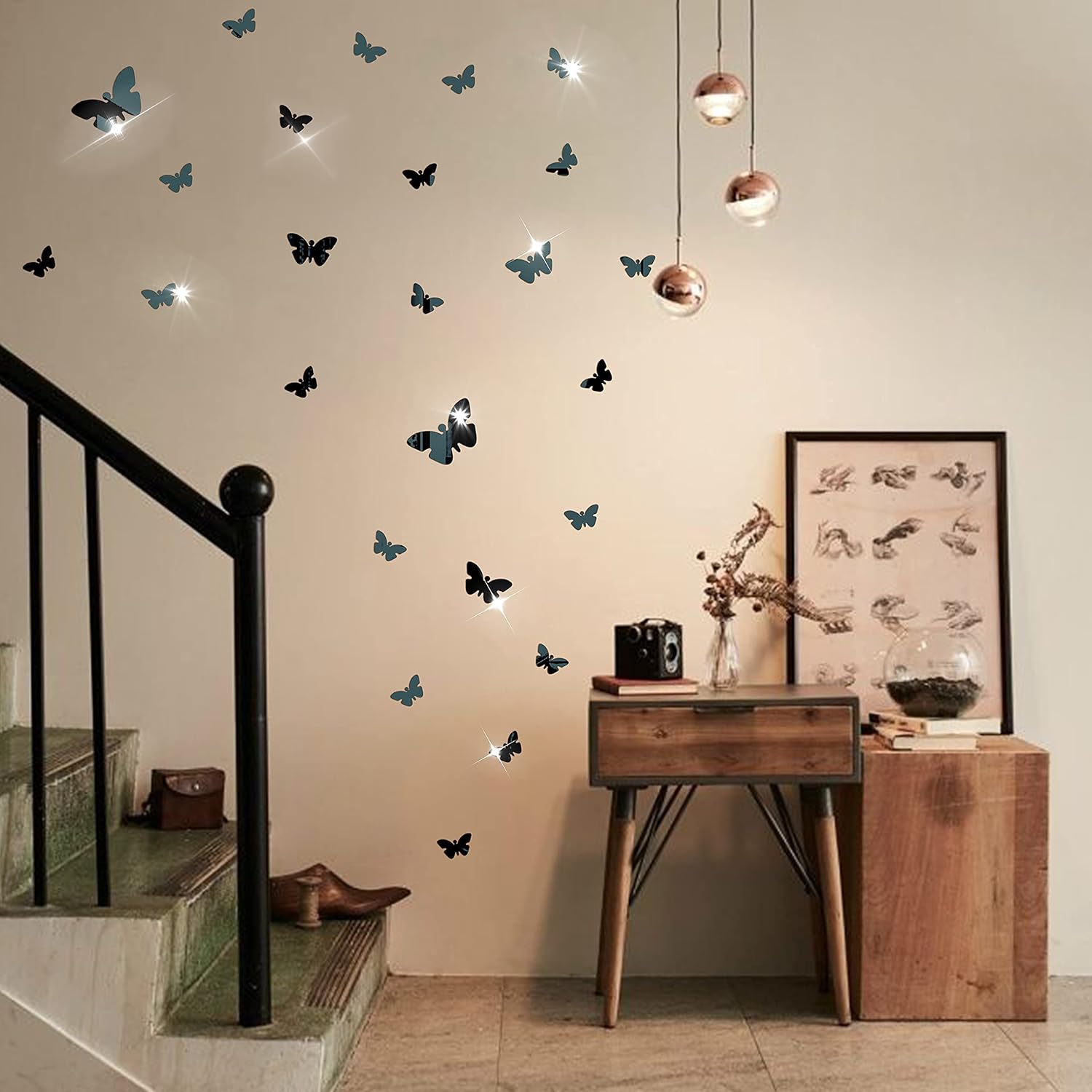 NAILDOKI DIY Wall Decals Acrylic Mirror Sticker Set 50 Pcs, Butterfly Mirror Wall Stickers for Living Room Bedroom Decor (Black)
