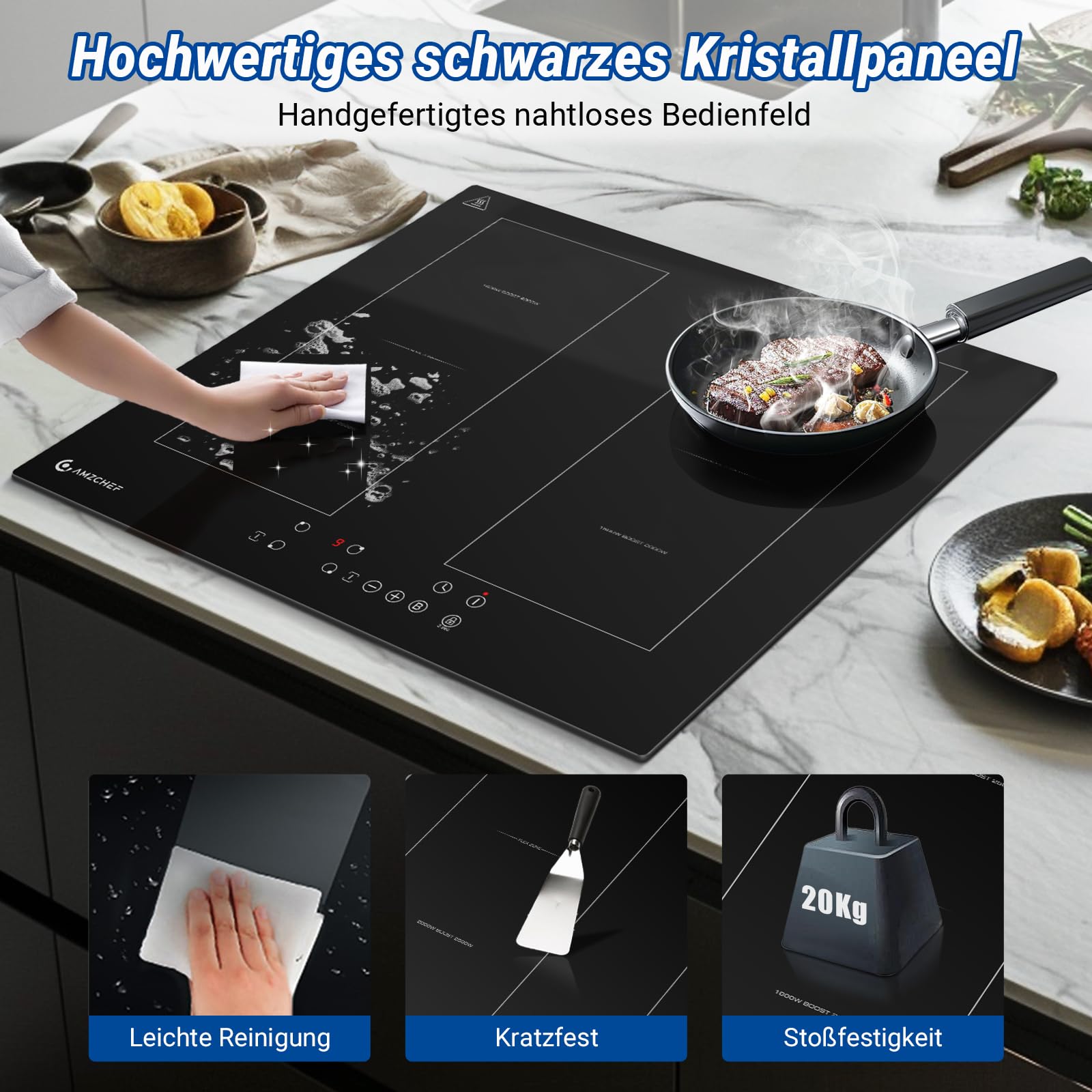 AMZCHEF Induktionskochfeld 60cm mit Zwei Flexzonen, 4 Zonen Induktionskochplatte mit Boost-Funktion und 9 Leistungsstufen, Touch-Bedienung, Timer, Sicherheitsschloss, Überhitzungsschutz, BBQ, 7200W | Sicherheitsverriegelung, automatische Abschaltung, Prot