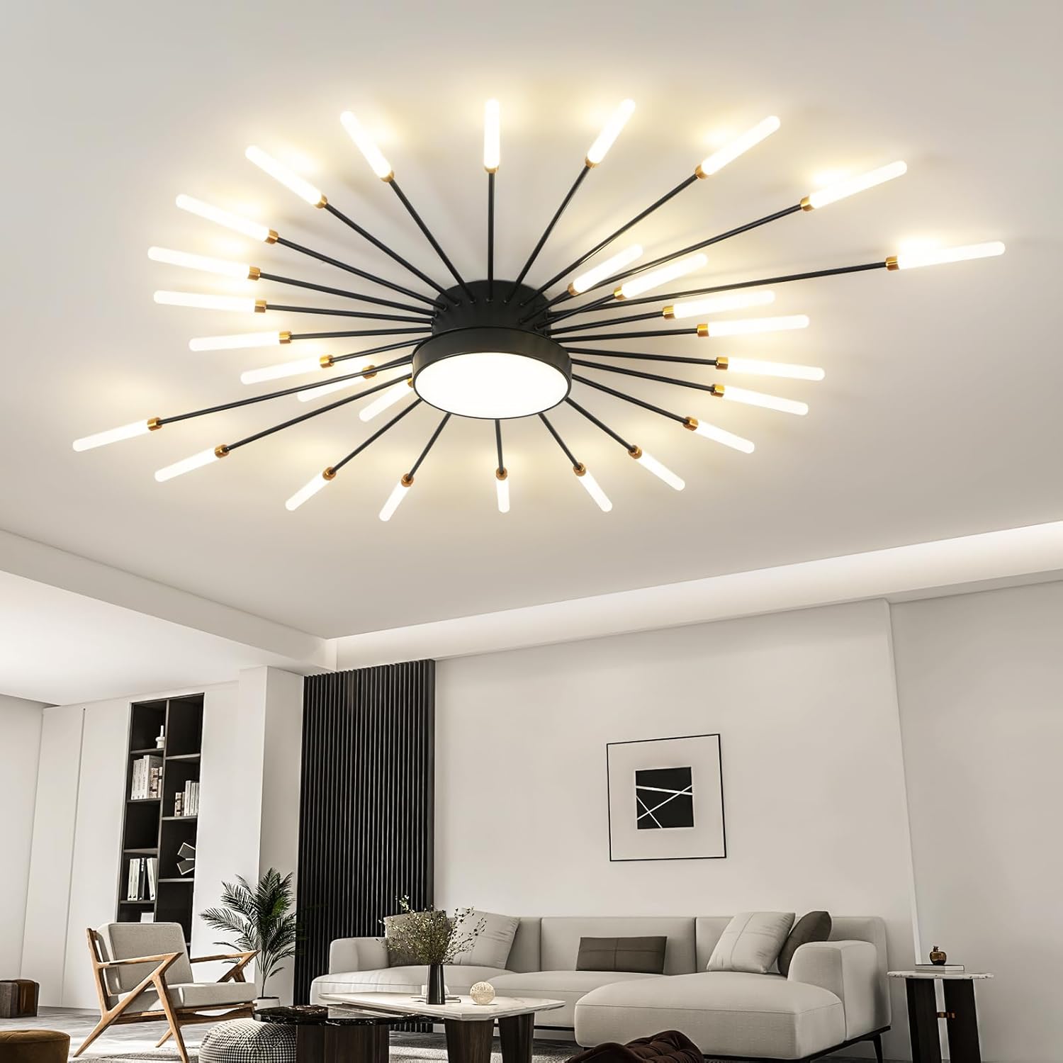 ziidoo Modern Ceiling Light, 28+1 Lights Metal Firework Designed Chic Led Lighting Fixture for Farmhouse Kitchen Dining Room Bedroom Hallway Living Room (Black)