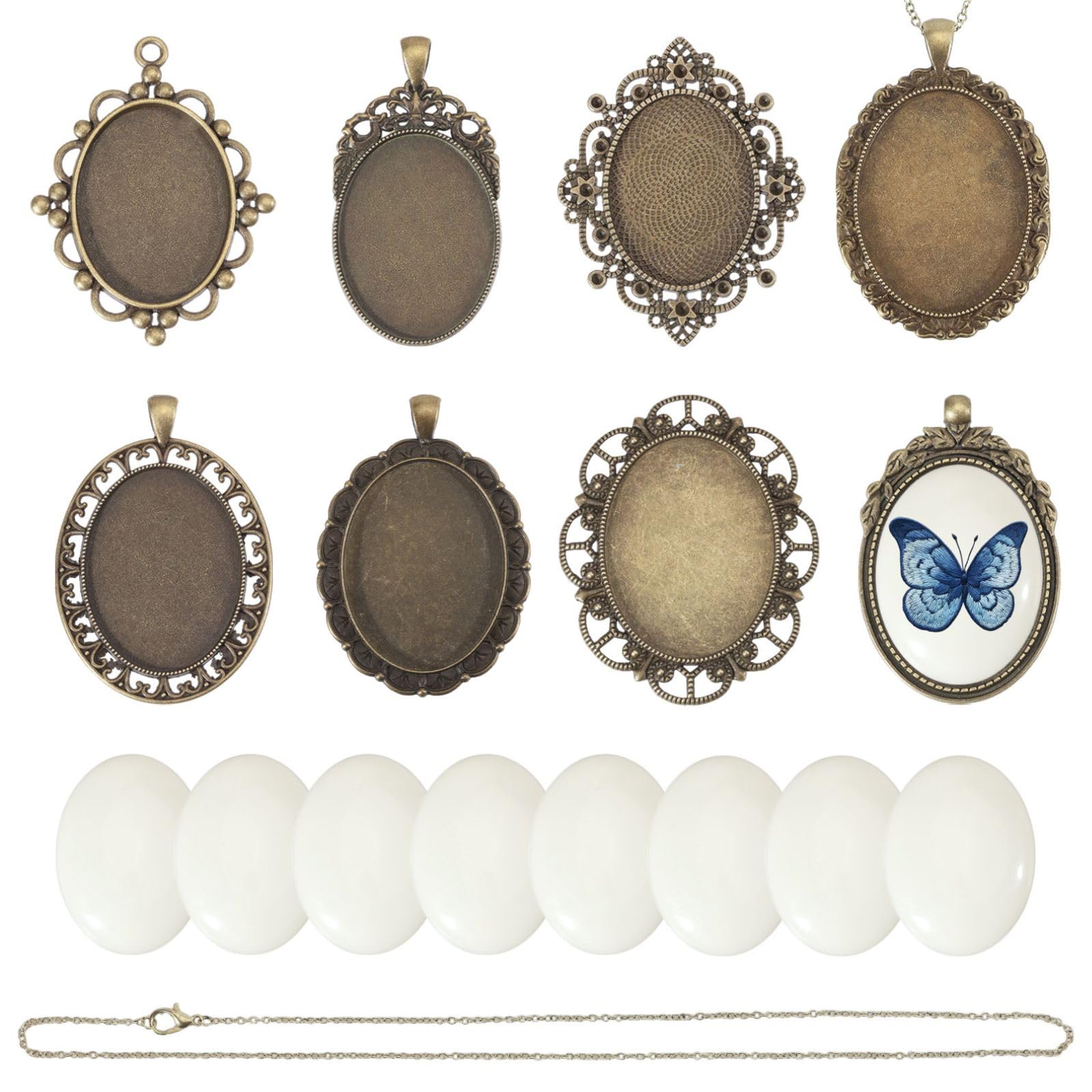 FREEBLOSS 8 Set Embroidery Pendant Tray Charm Set Oval Blank Necklace Pendant Base for Embroidery, Round Bezel Trays Blanks Alloy Necklace Pendants Frames Bulk