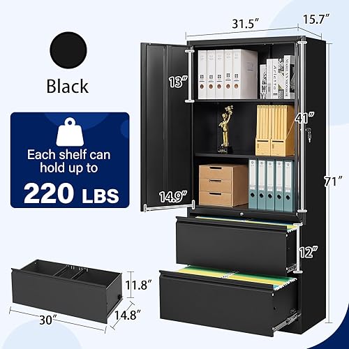 Miniatura 3 de Yizosh Armario de almacenamiento de metal con 2 cajones, gabinete de archivo de acero con cerradura de 71 pulgadas para oficina en casa, gabinete de