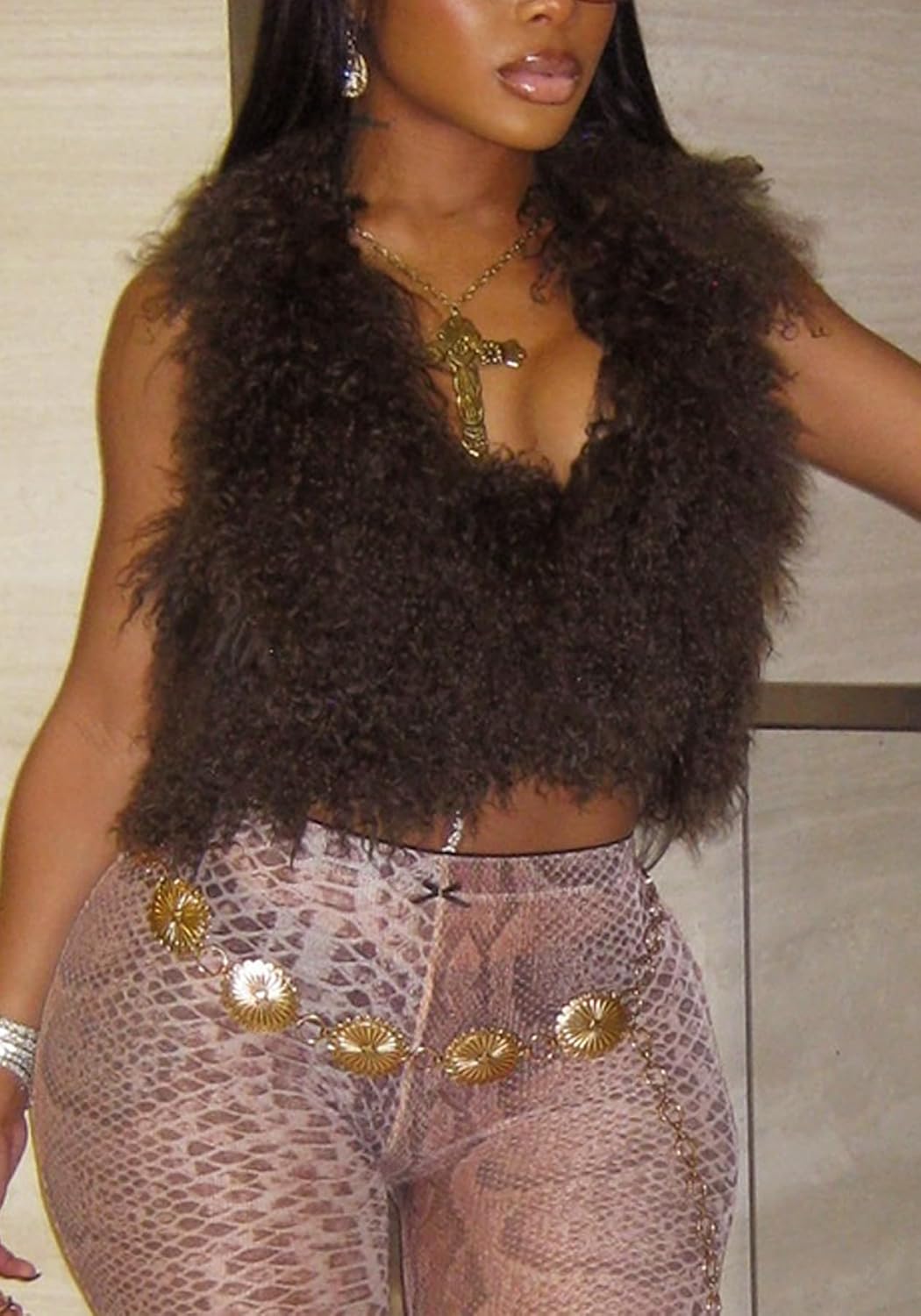 Women's Sexy Faux Fur Halter Top Backless Sleeveless Tie Back Fur Vest Fuzzy Tank Top Y2k Streetwear - Image 2