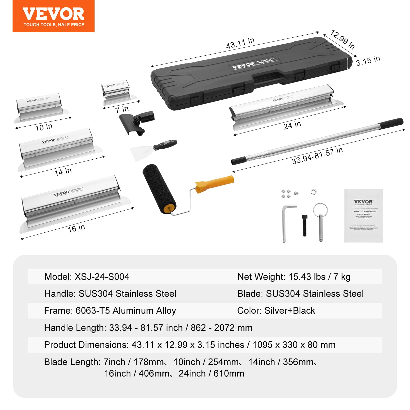 VEVOR Set di Lame per Rasatura per Cartongesso 178/254/356/406/610 mm Lame per Rasatura, Manico di Estensione 862-2072 mm Coltello in Acciaio Inossidabile Utensili, per Pannello Murale, Cartongesso