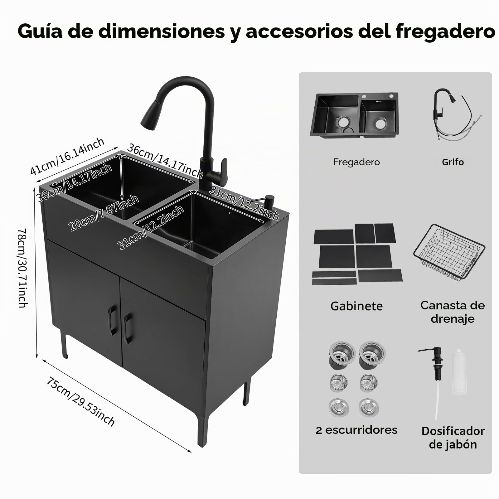 Mueble de cocina con fregadero independiente, fregadero acero inoxidable con grifo extensible y escurridor, armario bajo incluido, 75x41x78cm, para restaurantes, pastelería y cocinas profesionales