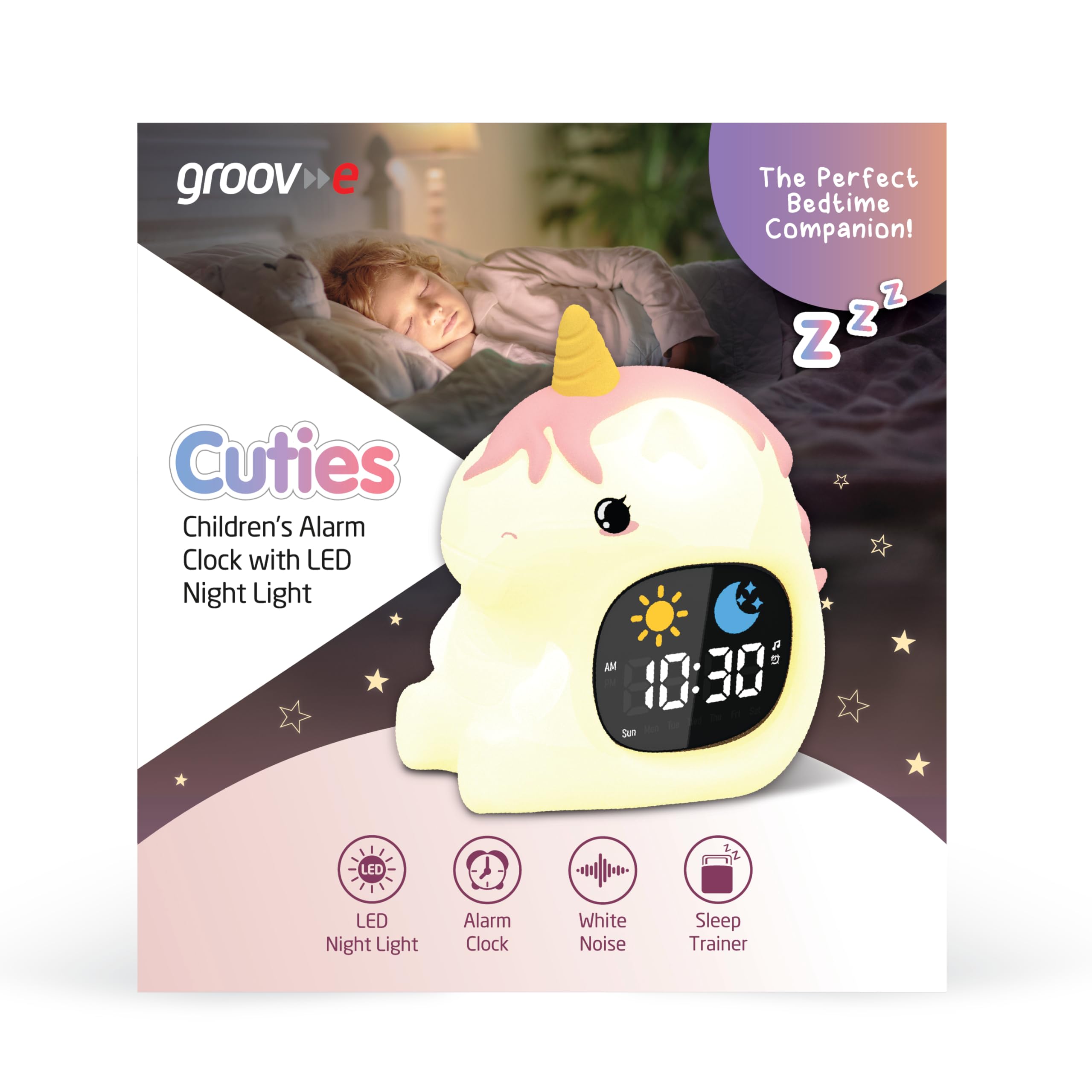 groov e Cuties - Reloj Despertador con luz Nocturna LED, Ruido Blanco y Entrenamiento del sueño, Unicornio arcoíris