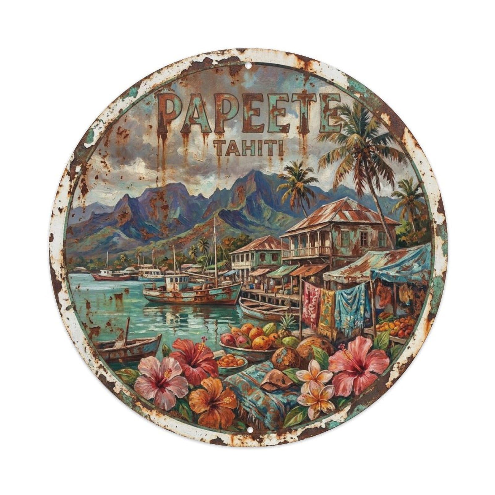 Olyhtr 8X8inch Classic Style Vintage French Polynesia Papeete Travel Landmark Metal Tin Sign
