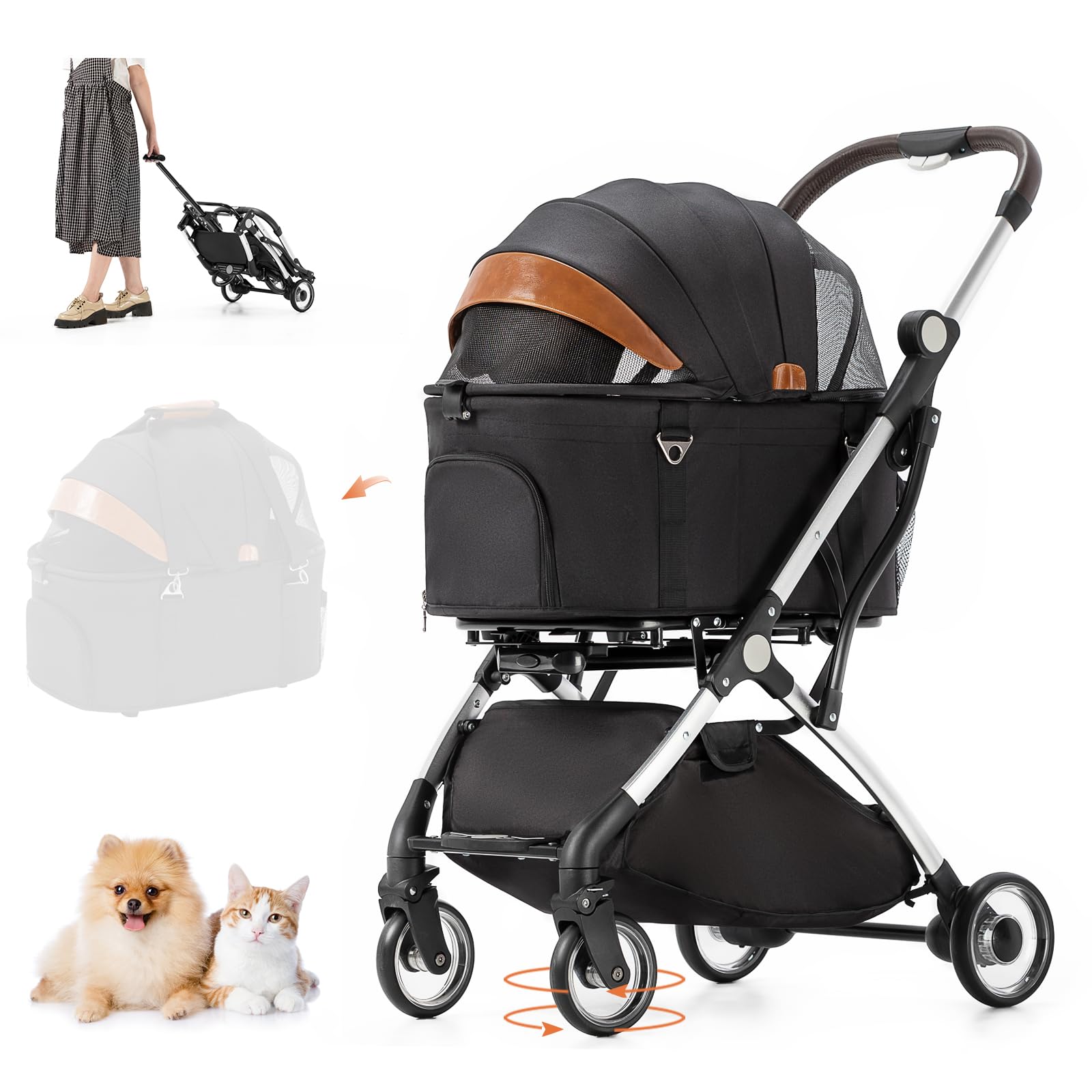 Joyfultails Dog Pram 3-in-1 Dog Buggy up to 15 kg, Dog Trolley, Cat Pram, Foldable Dog Buggy with Removable Dog Carry Bag, for Small to Medium Dogs and Cats and Rain Cover, Black