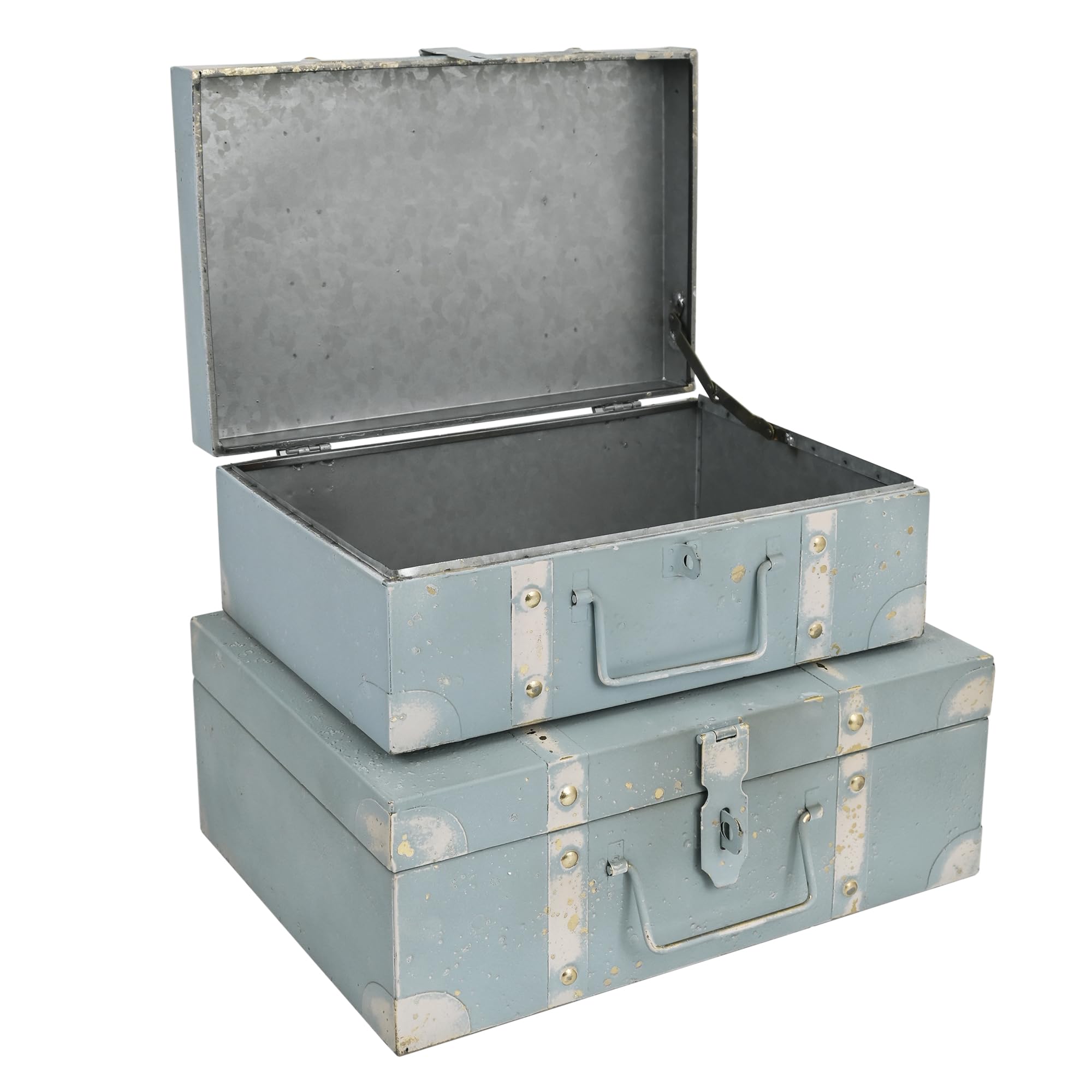 Vintage Metal Storage Trunks - Set of 2, Antique Decorative Storage Chests with Lids, Decorative Suitcase Boxes, Vintage Suitcases for Keepsakes and Home Decor, Blue