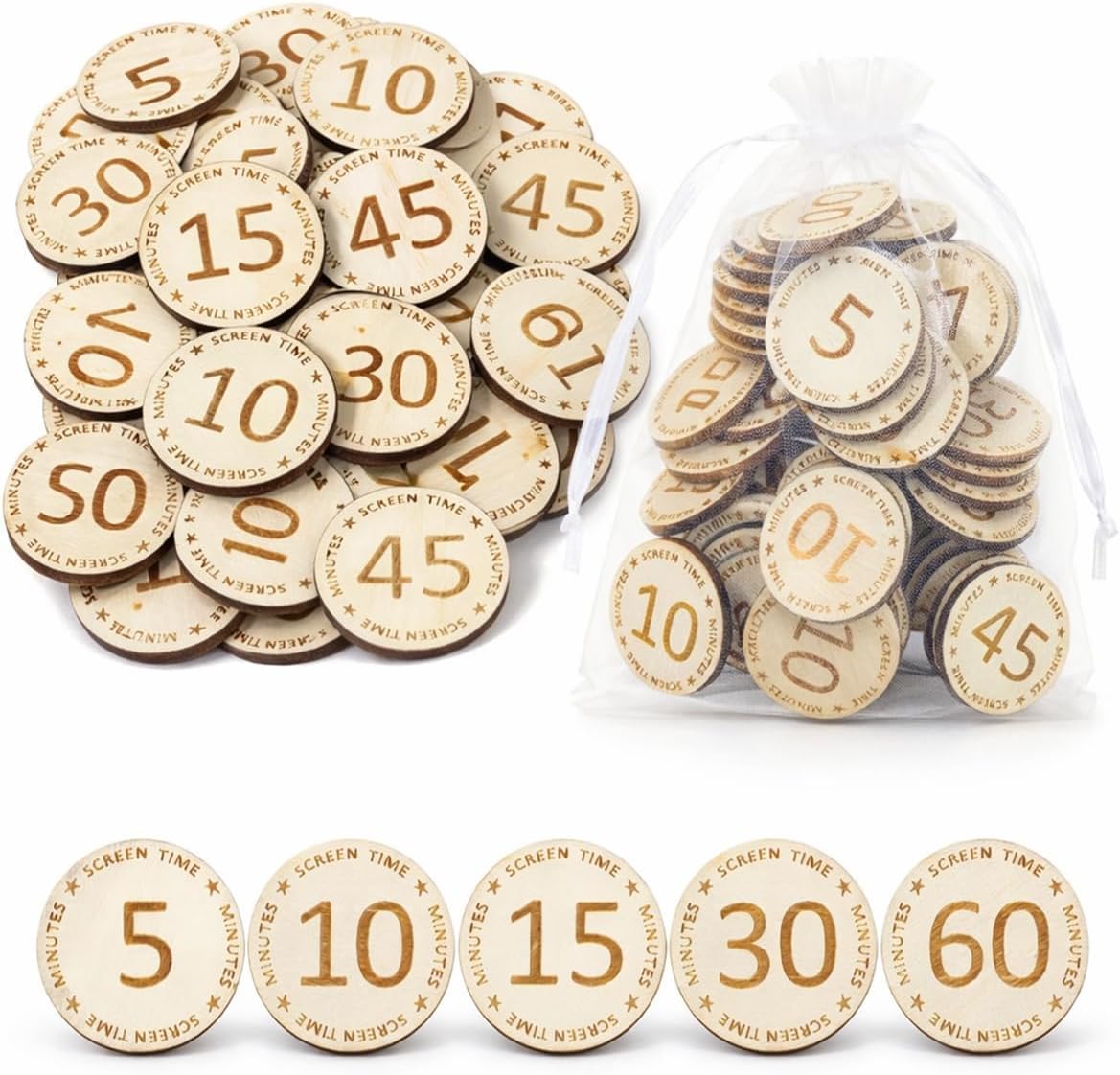 150 Pcs Wooden Screen Time Tokens with Organza Bags, Behavior Incentives Coins for Classroom Home, Behavior Management Tool - Positive Reinforcement