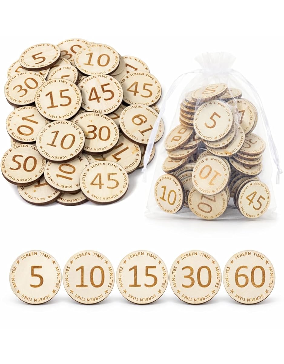 150 Pcs Wooden Screen Time Tokens with Organza Bags, Behavior Incentives Coins for Classroom Home, Behavior Management Tool - Positive Reinforcement