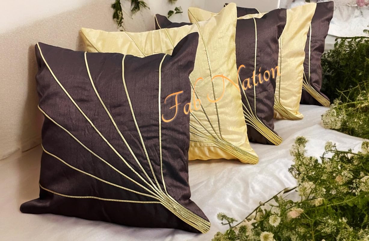 Fab Nation Set of 5 Cushion Covers, Dupion Silk, Touch of Gold, Rays Design | 16x16 inch, Zipper Back, Leather Rexine Geometric Stripes Pattern (Gold) (B0D2QJ73VK) Amazon Price History, Amazon Price Tracker