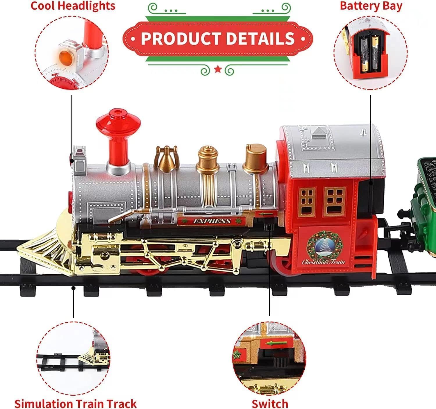 Trenino Natalizio da 30 pezzi - Trenino a Batteria con Binari e Accessori Divertenti Facile da installare - 117 x 85 cm
