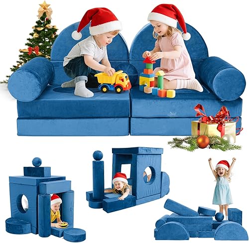 Miniatura 13 de Sofá modular de juego para niños, 13 piezas, sofá de espuma de alta densidad, muebles de sala de juegos convertibles con funda de terciopelo suave