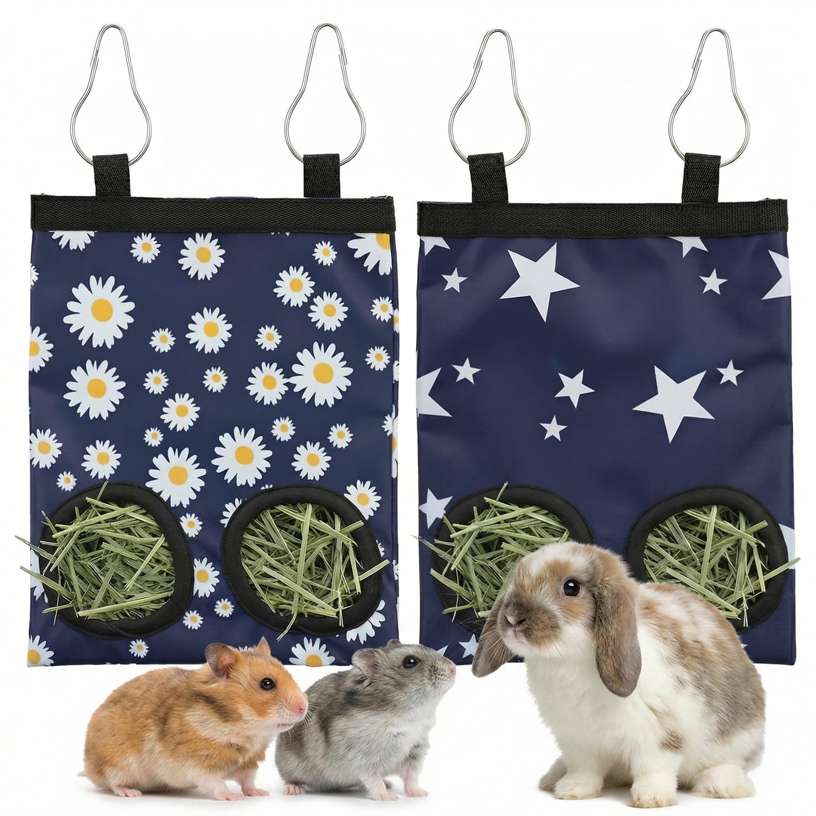 XLIUAX 2Pcs Hay Bag Feeder for Rabbit, Guinea Pig Hanging Rabbit Hay Feeder Durable Washable 2-Hole Hays Dispenser for Guinea Pigs Bunnies Chinchillas, Star＋Daisy
