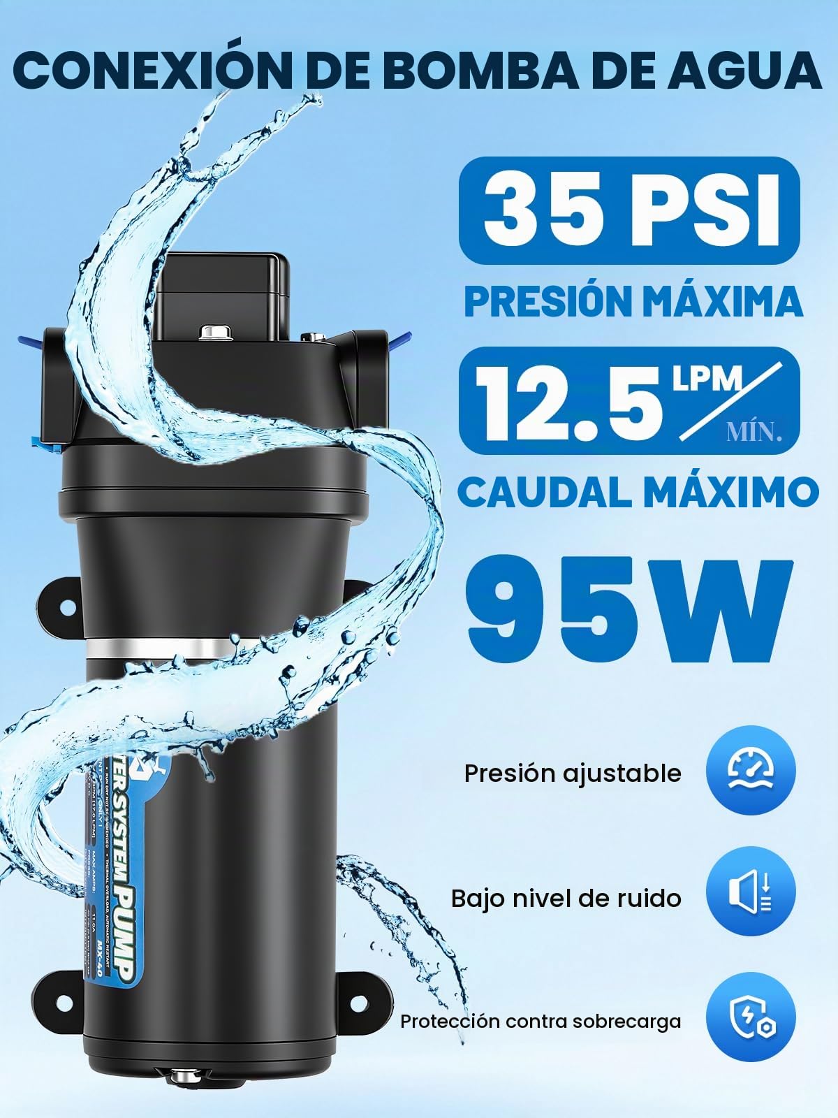 Mxmoonant 12V Bomba de Agua de Membrana, Bomba de Refuerzo de 2.8Bar, 132W, 17L/min, Autocebante, con Protección contra Sobrecarga, para Caravanas, Autocaravanas, Barcos, Riego, Circulación