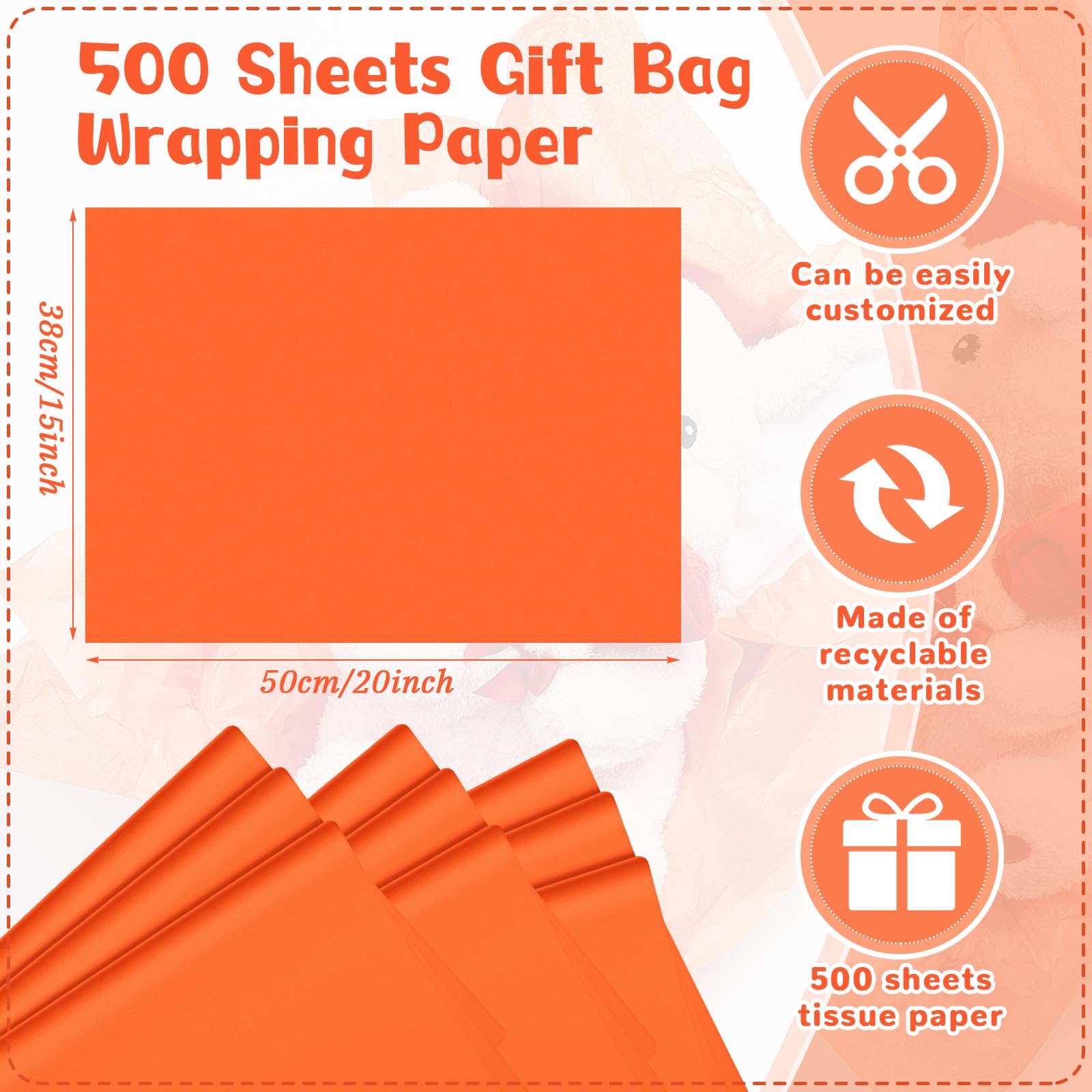 Qilery 500 fogli di carta velina arancione, 38 x 50 cm, carta da imballaggio, carta da regalo, senza acidi, per vacanze, compleanni, decorazioni per feste, matrimoni, baby shower