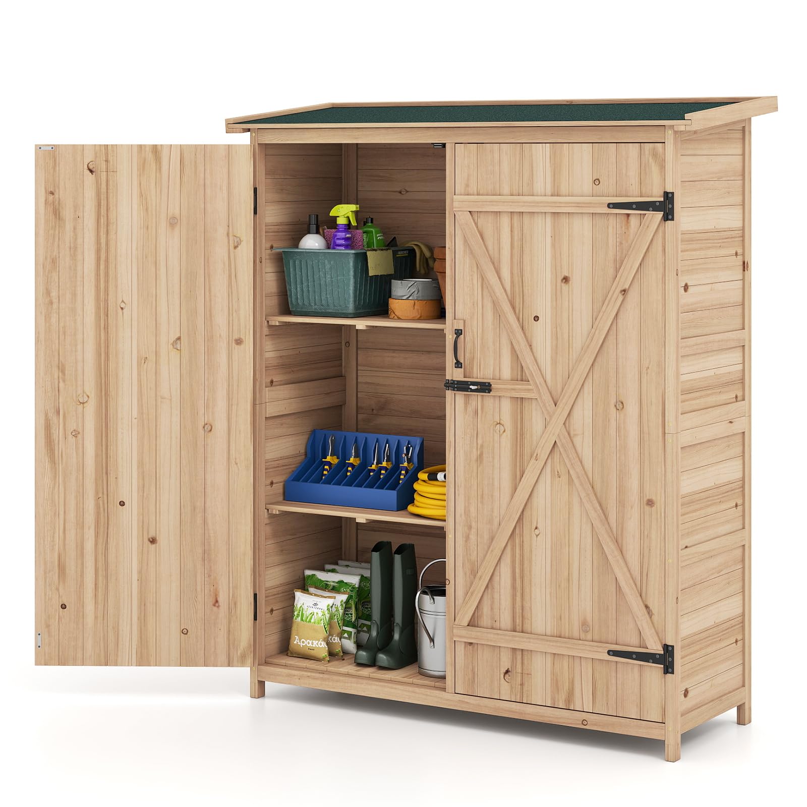 HOMASIS Cobertizo de jardín de Madera, Cobertizo de Herramientas Exterior con estantes Resistente, Caseta de Herramientas con Techo Inclinado, Puertas con Doble Cerradura, Natural (140 x 51 x 163 cm)