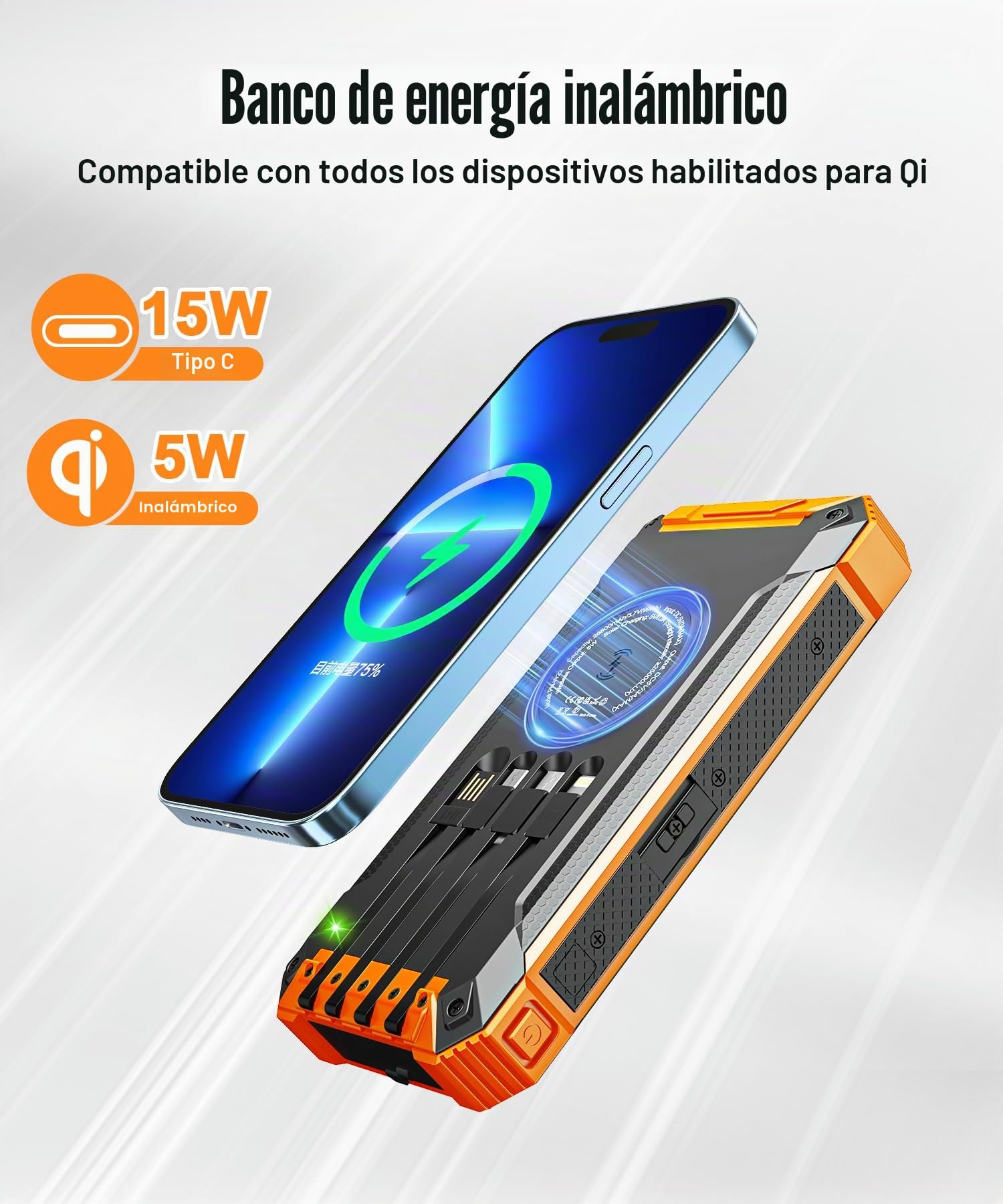 Power Bank Solar 26800mAh con 4 Cables, Inalámbrico USB-C 15W Carga Rápida | Batería Externa Cargador Solar 6 Salidas 3 Entradas para Teléfono, Cargador Solar con Linterna, Mosquetón