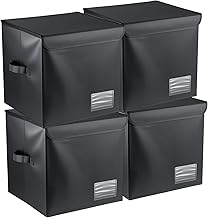 4PCS Vinyl Record Storage Box Holds 90 12-Inch Records Stackable Collapsible Records Case LP Organizer Crate with Dust-Proof Lid Portable Handle for Collecting Valuable Album