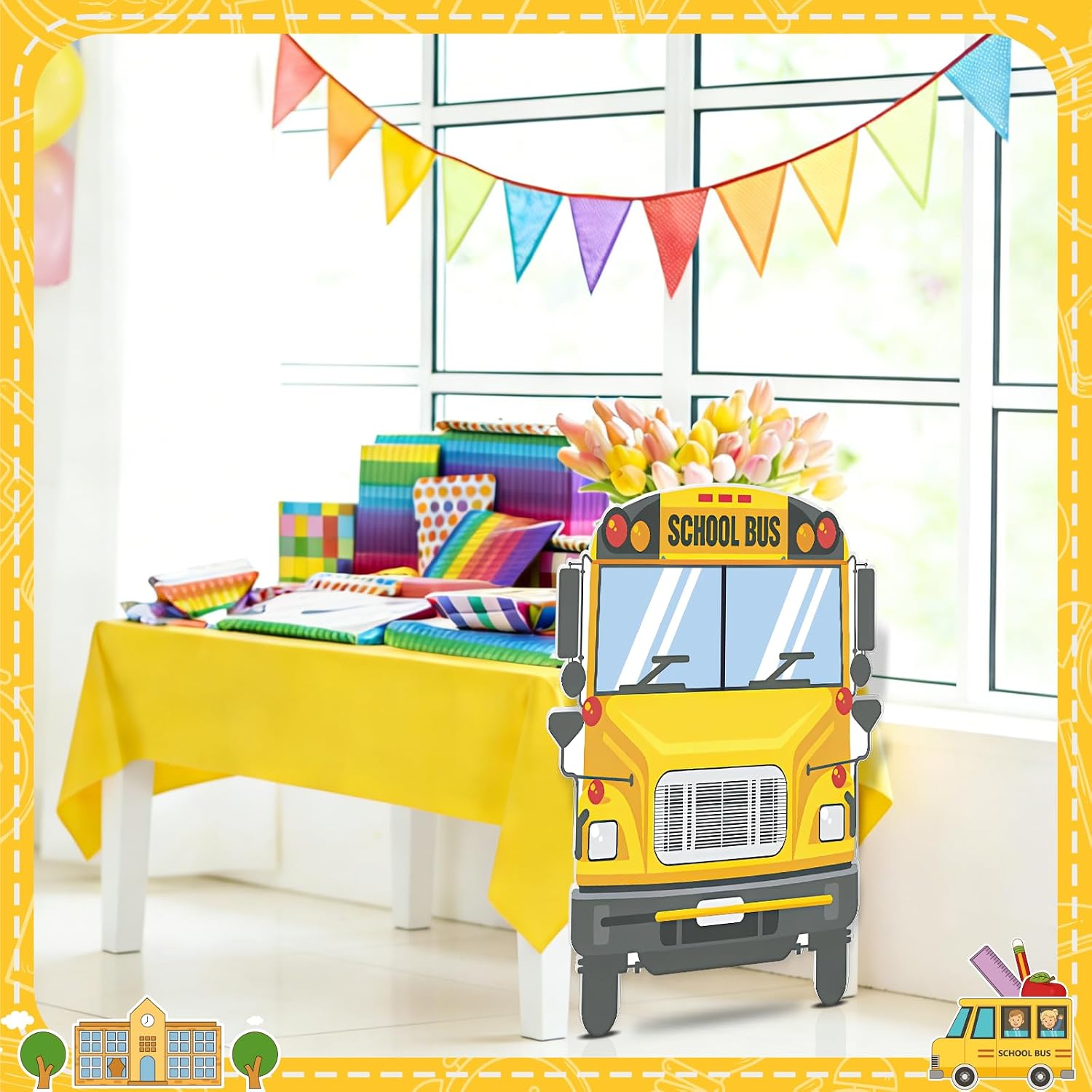 2 Pcs School Bus Party Decorations Back to School Bus Tablecloth Dec Include Yellow Tablecloth Buses Cardboard Cutout for First Day of School Birthday Party Decorations Backdrop