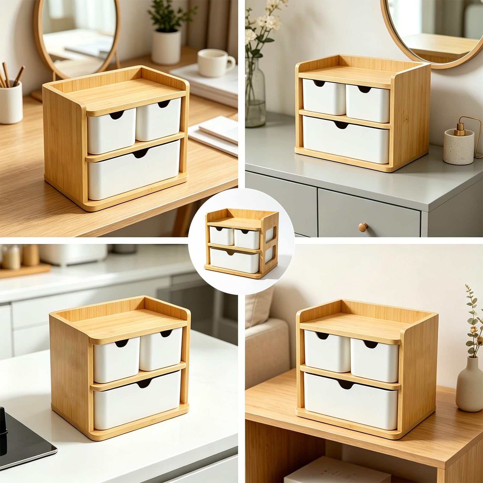 Schreibtisch Organizer, Schreibtisch Organizer mit schubladen Holz und Bambus, vielseitige Aufbewahrungsbox für Schulmaterial, Schmuck, Kosmetik und Schreibwaren