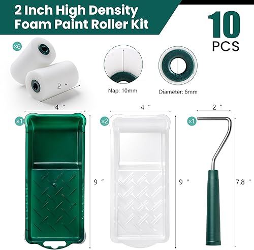 Miniatura 6 de Rodillo de pintura de espuma, kit de 10 rodillos de pintura pequeños de 2 pulgadas con rodillo de pintura de espuma de alta densidad, bandeja de
