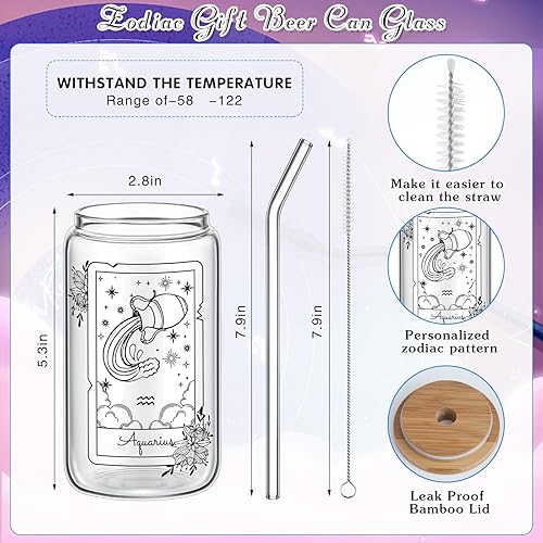 Miniatura 2 de Uiifan Vasos de café helado del zodiaco de 16 onzas con forma de lata de cerveza, vasos de vidrio con tapas y pajitas, cepillo de limpieza, bonitos