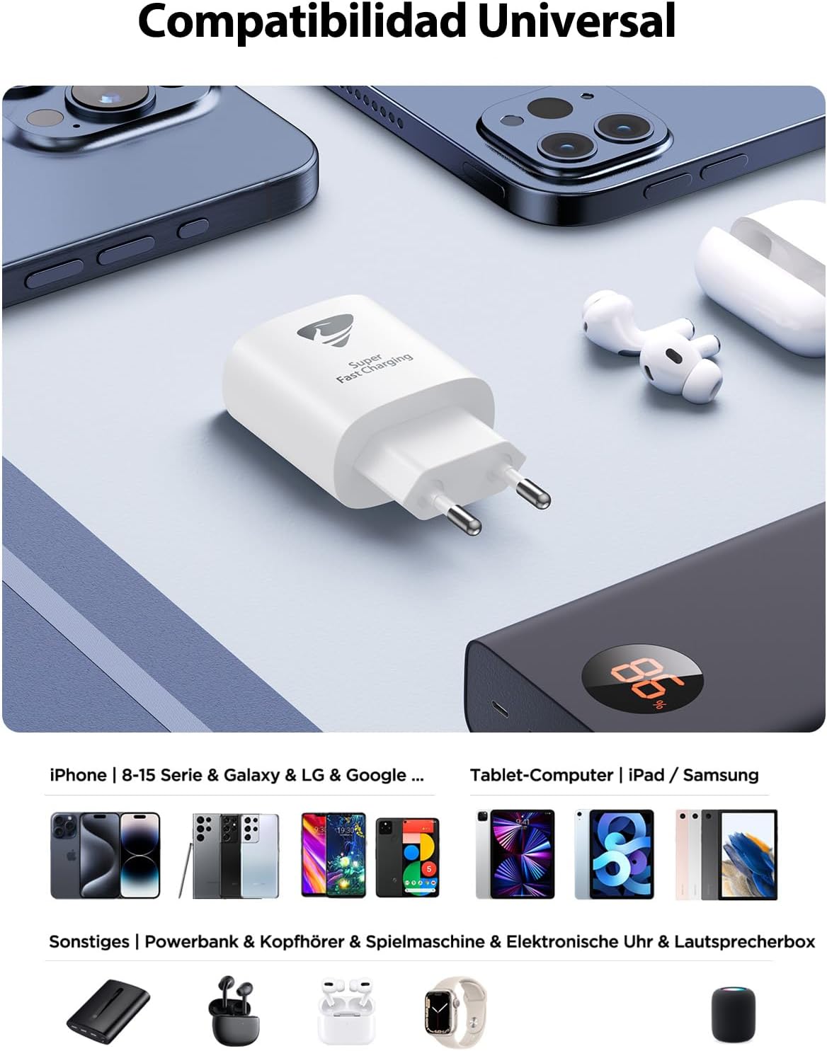 Aioneus Cargador USB C 25W 2Pack, Cargador iPhone Carga Rapida PD 3.0 Adaptador Tipo C Cabezal, Movil Enchufe USBC para iPhone 16 Pro Max/15/14/13/12/11, Samsung, iPad 6