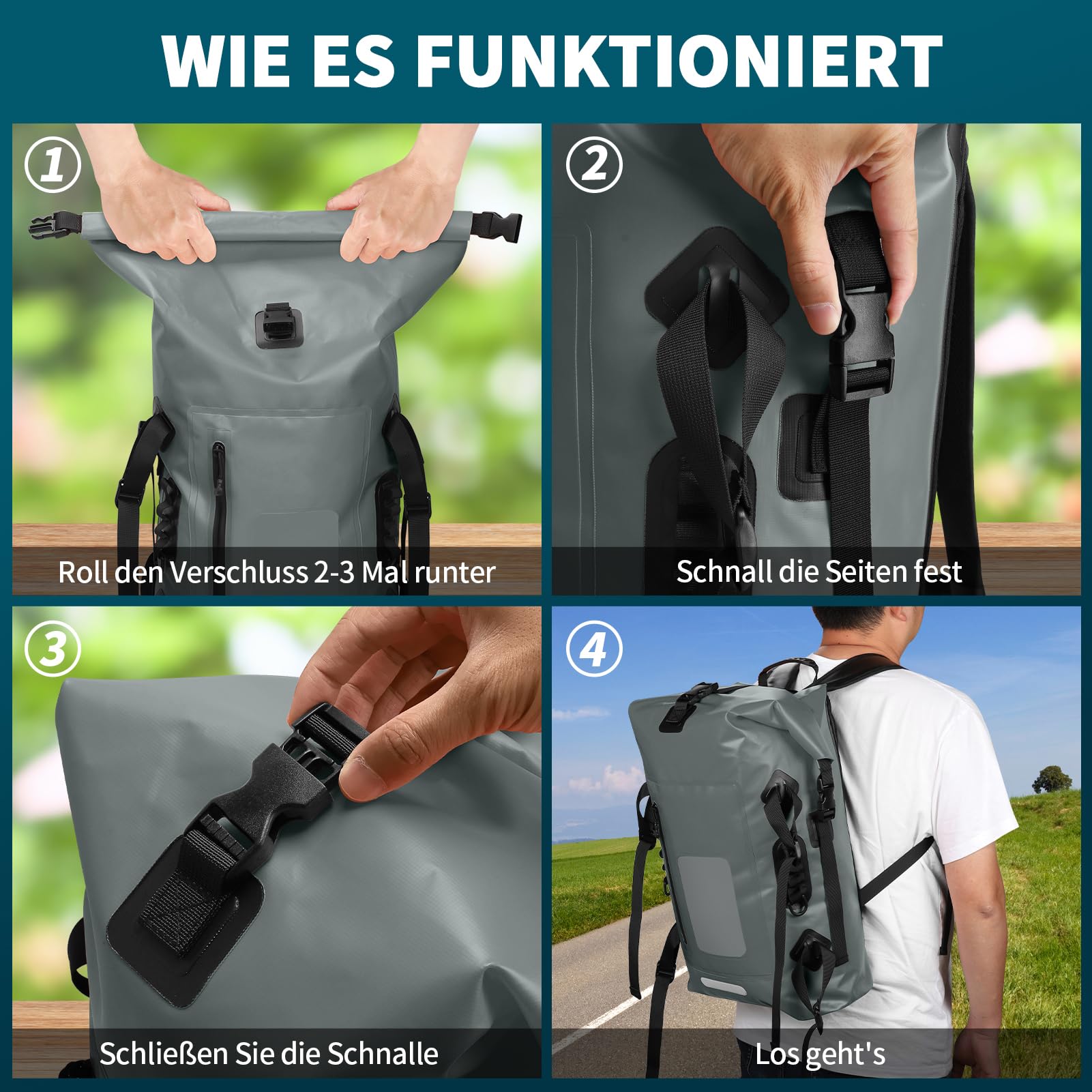 Wasserdichter Rucksack 30-35L, Rolltop Waterproof Backpack Mit Gepolstertem Tragegurt, Wasserdichtem Reißverschluss Wasserdichte Tasche, Dry Bag Für Wassersport Radfahren Outdoor Wandern (Grau)