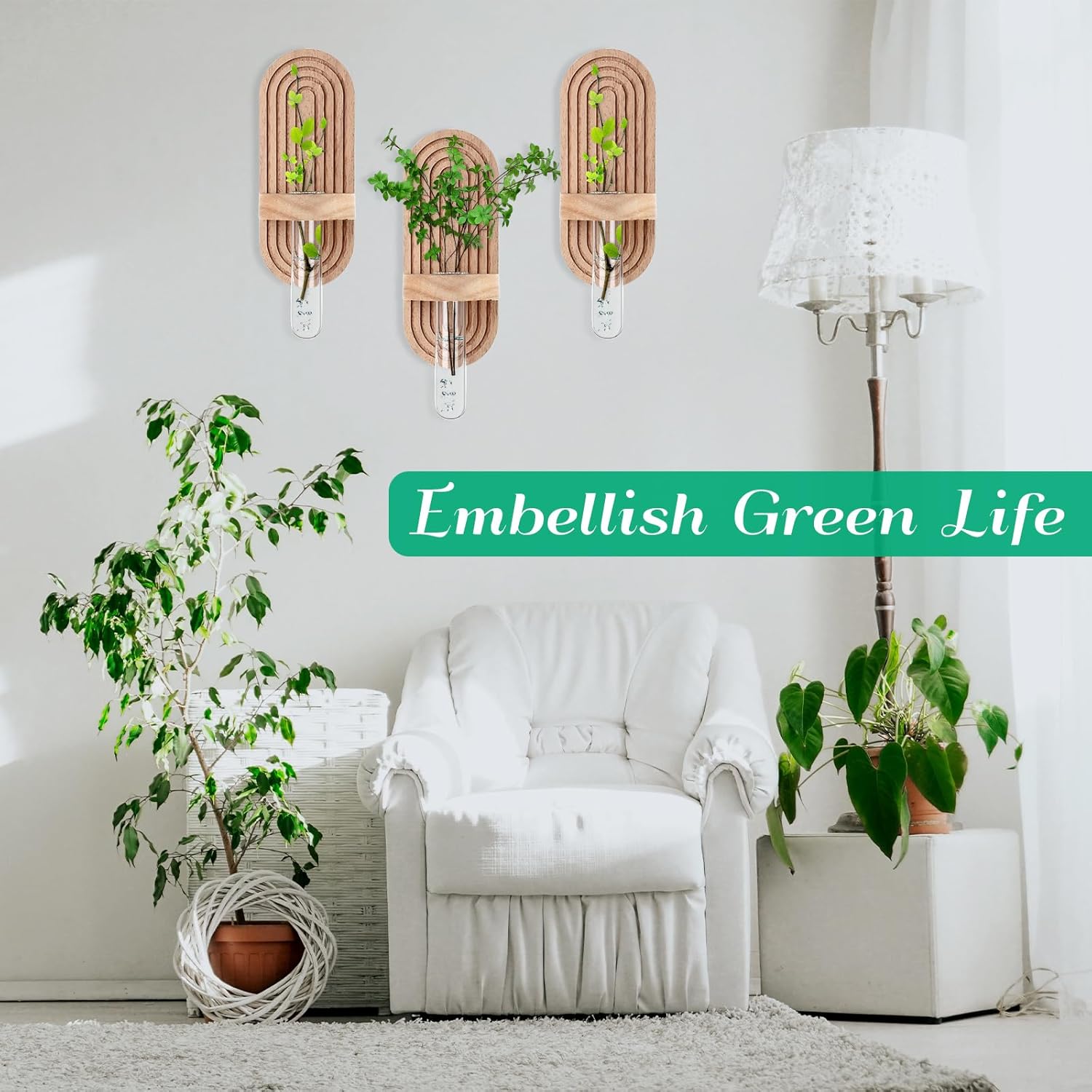 4 Sets Hanging Plant Propagation Stations Walnut Wood Wall Mounted Test Tube Vase Rustic Decorative Glass Planter Holder Gift for Women Plant Lover Hydroponic Flowers Home and Office Decor - Image 5