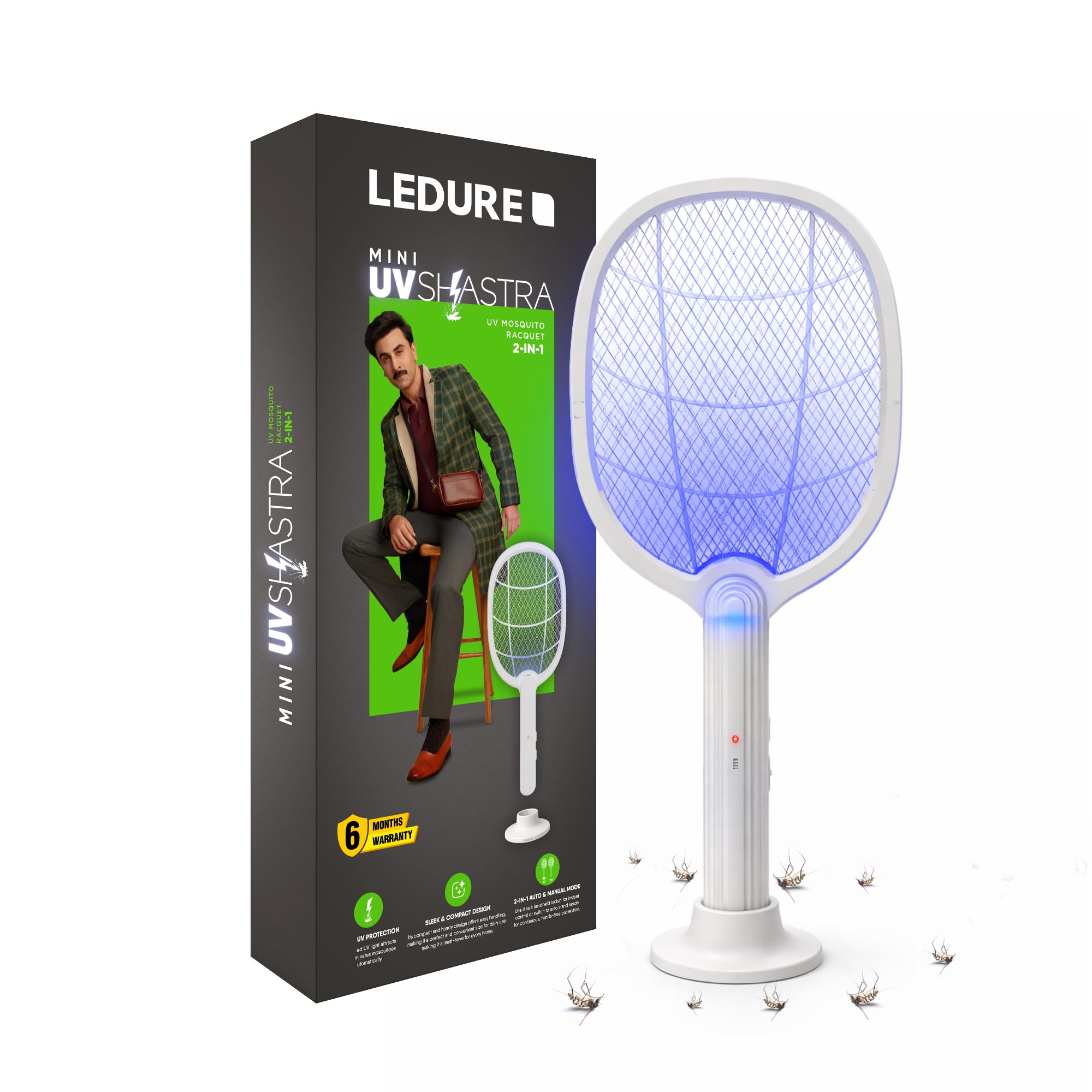 Ledure Mini UV Shastra Mosquito Bat with UV Light | 2-in-1 Rechargeable Mosquito Killer Racket with USB Type-C | 6 Months Warranty | Auto Kill Electric Mosquito Racket with Stand | White-image-24