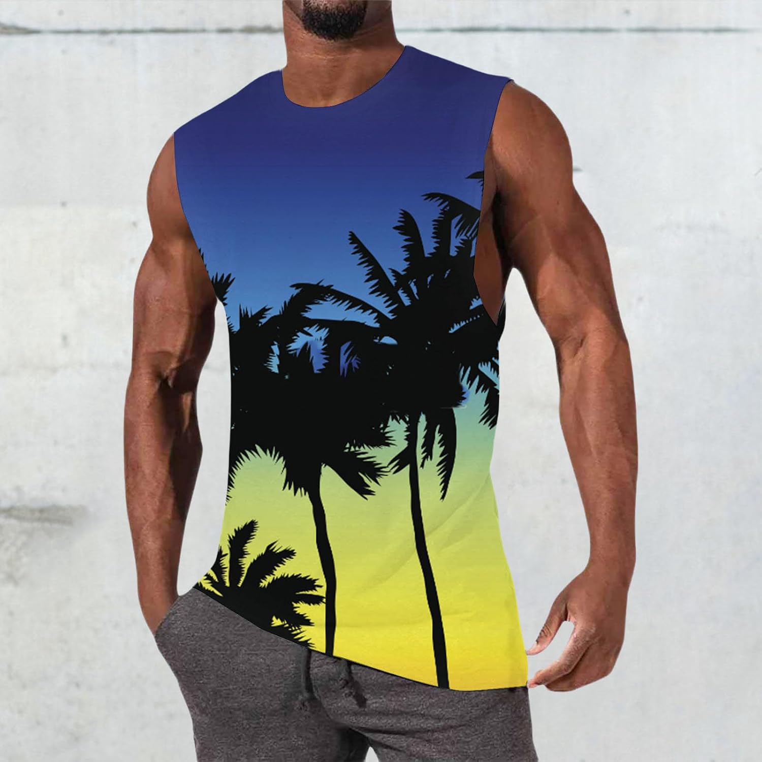 Mens Palm Tree Print Sleeveless Shirt Vacation Shirt Casual Summer Tank Tops Crew Neck Sleeveless Men Beach Clothing