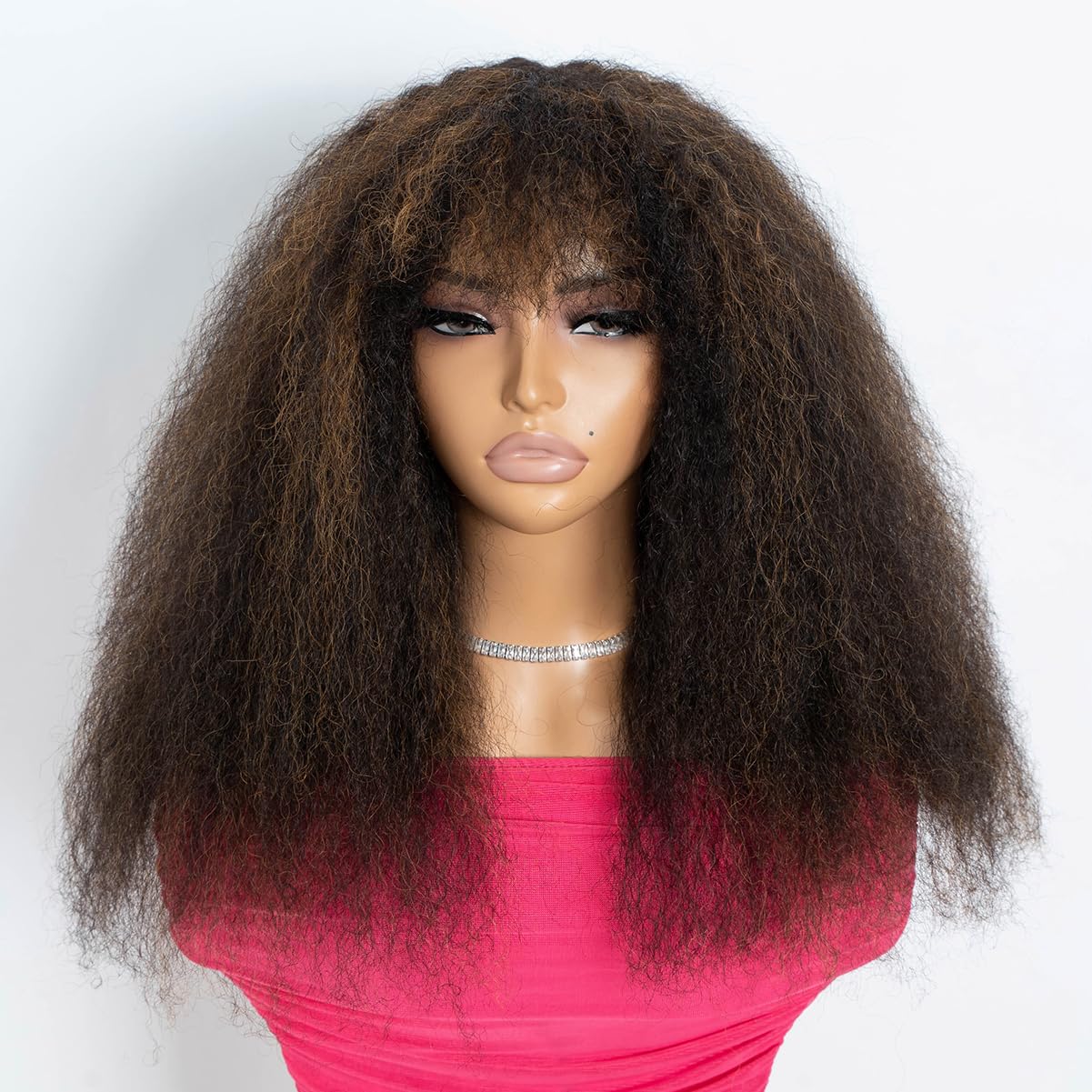 Rebecca Fashion Afro Kinky Curly Wig with Bangs Human Hair Minimalist 2.5x1 Lace Scalp Wig for Women Glueless Wear and Go Wigs Black Mixed Brown Color