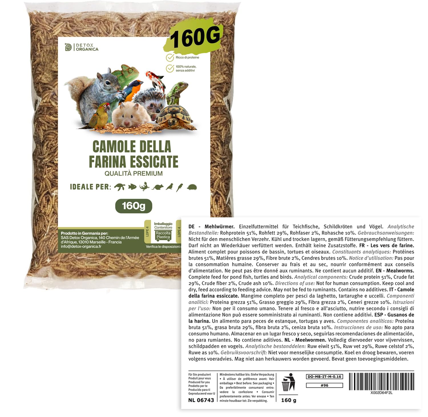 Detox Organica Camole della Farina Essiccate 160gr 1000ml Mangime per Uccelli Selvatici, Pesci, Tartarughe, Roditori, Rettili