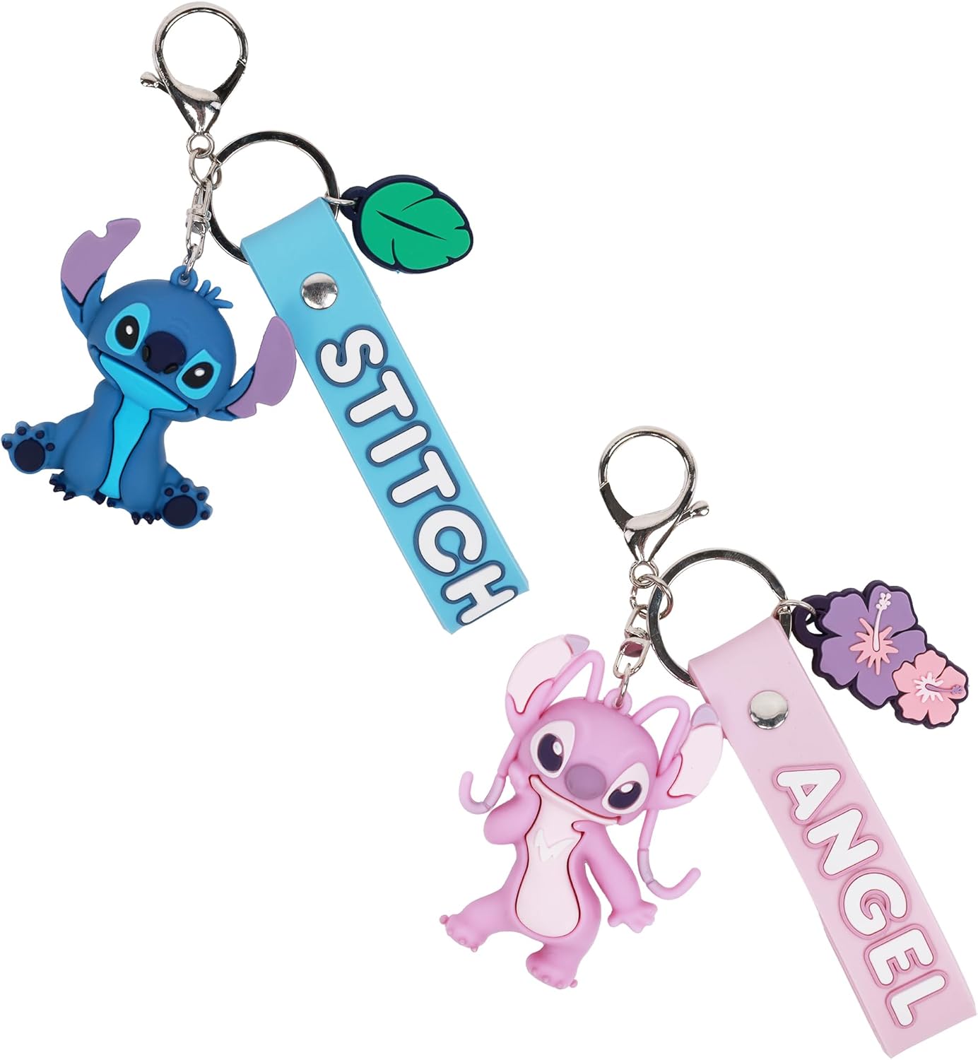 Disney Stitch & Angel Keychain Set, Keyring Accessories for Bags and Backpacks, 3D Character Charms, Cute Tropical Design